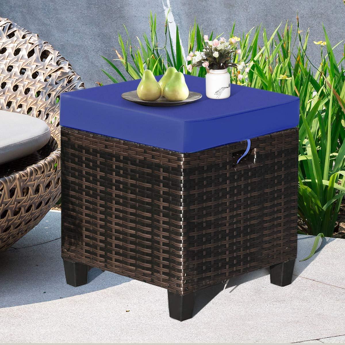 Navy Cushioned Rattan Wicker Outdoor Ottomans, Set of 2