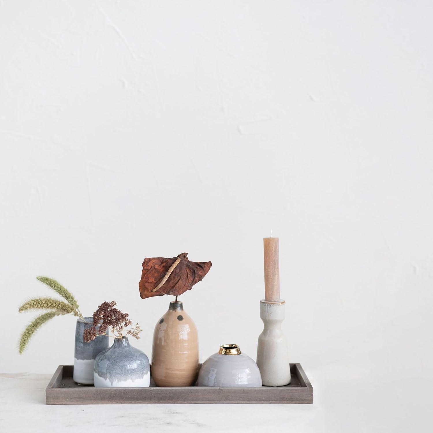 Creative Co-Op Stoneware Vase Ensemble on a Mango Wood Tray, Set of 5