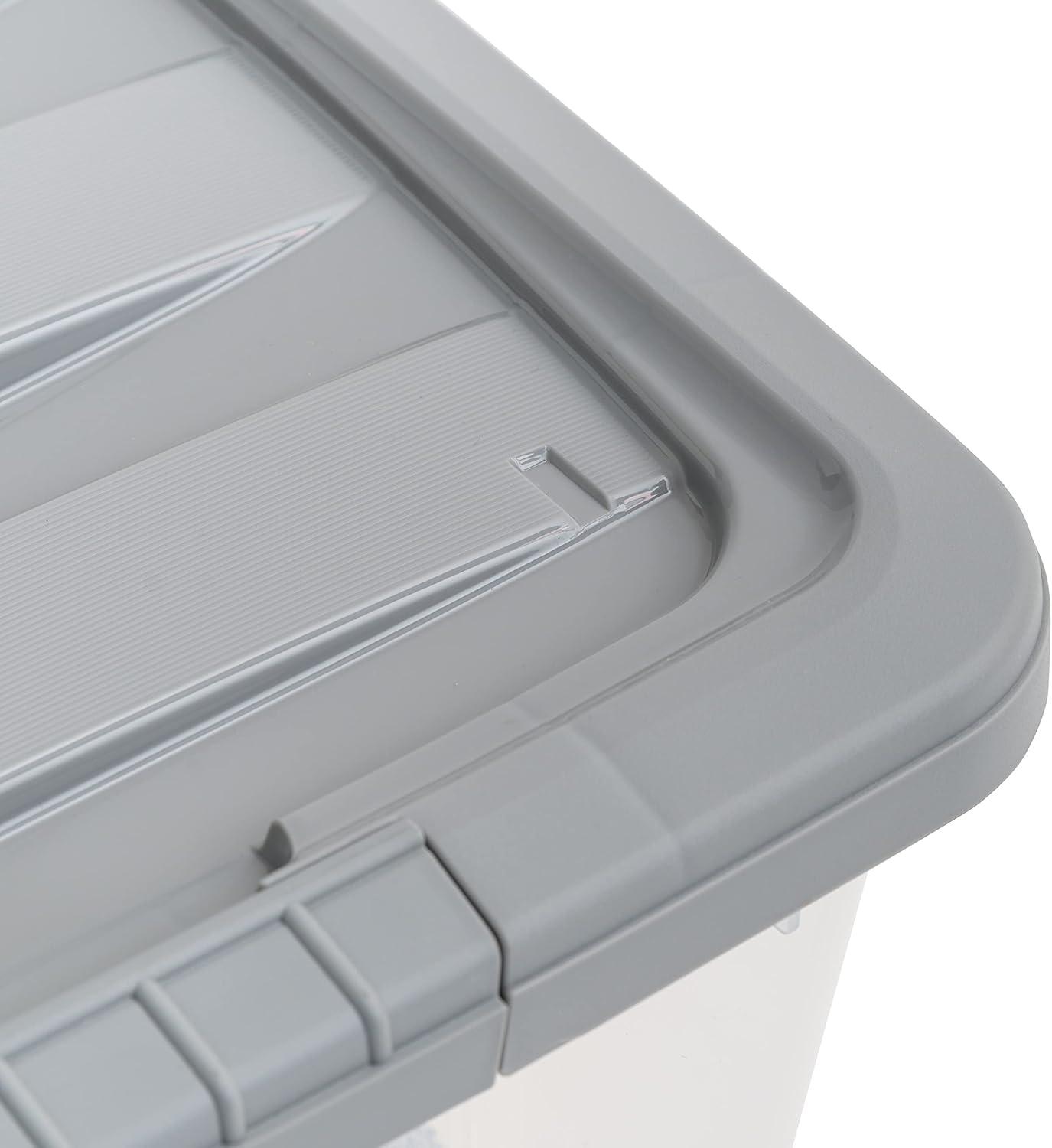 32 Quart Stackable Plastic Storage Bin with Latching Lid- Clear/ Grey- Pack of 6