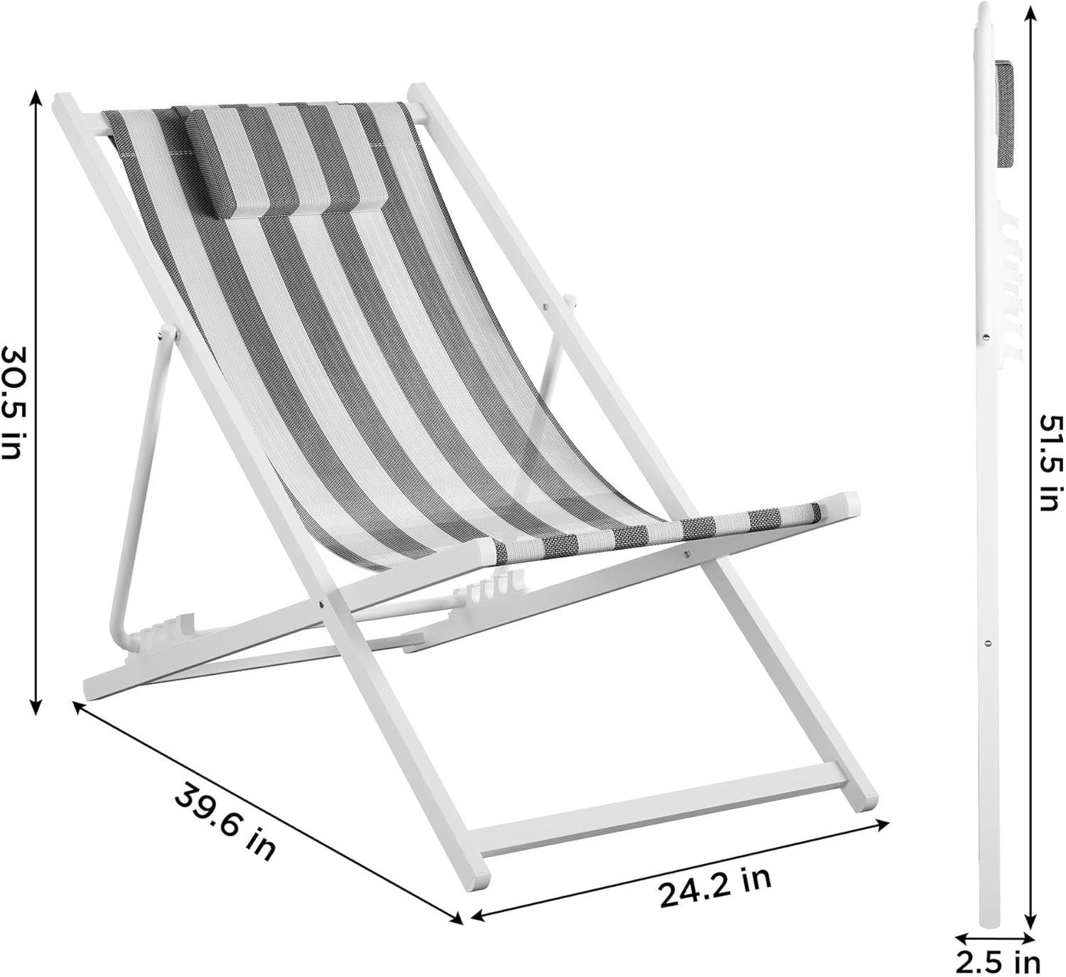 Classic Black and White Striped Foldable Beach Chairs, Set of 2