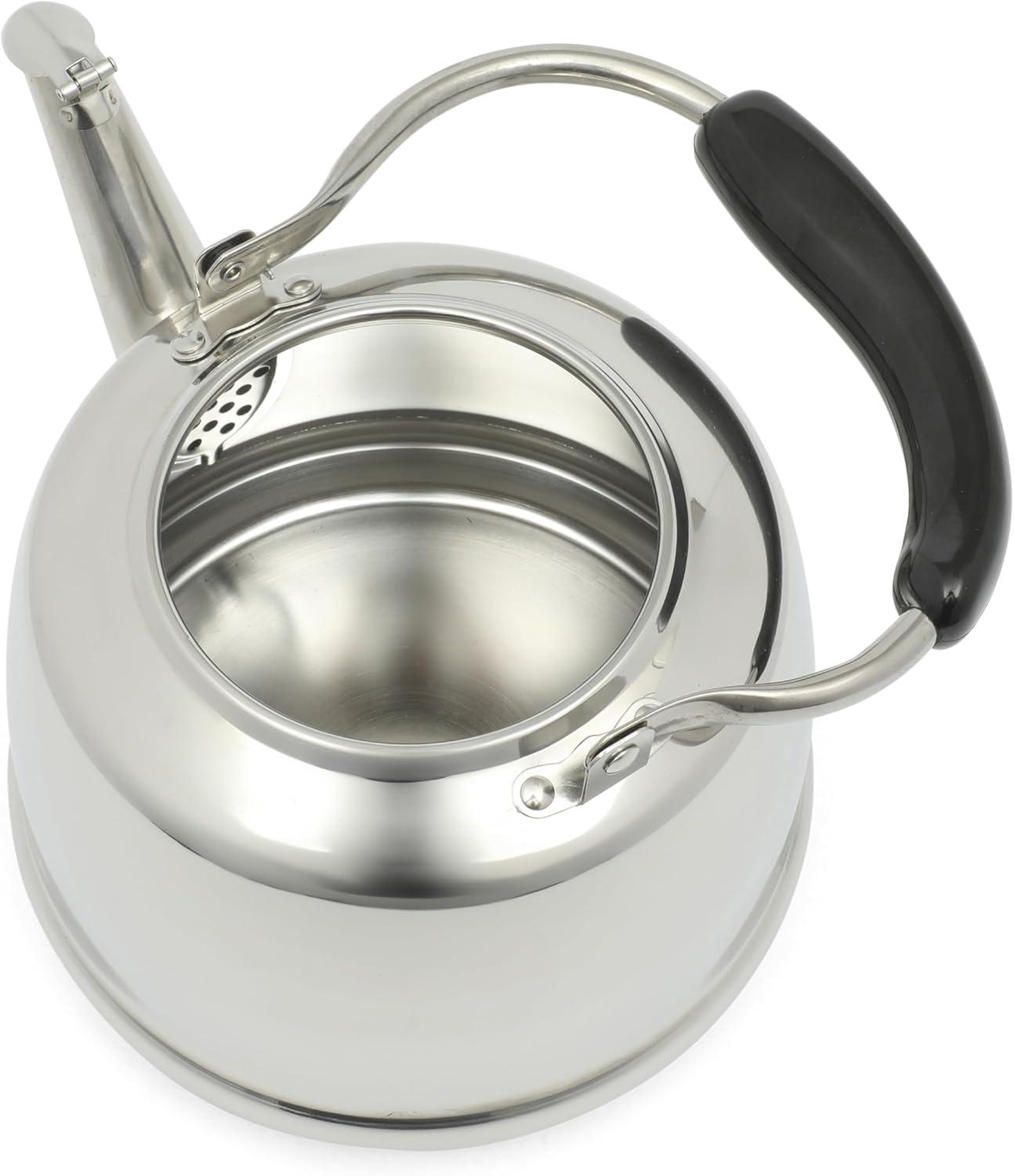 Large Stainless Steel Whistling Tea Kettle with Black Handle