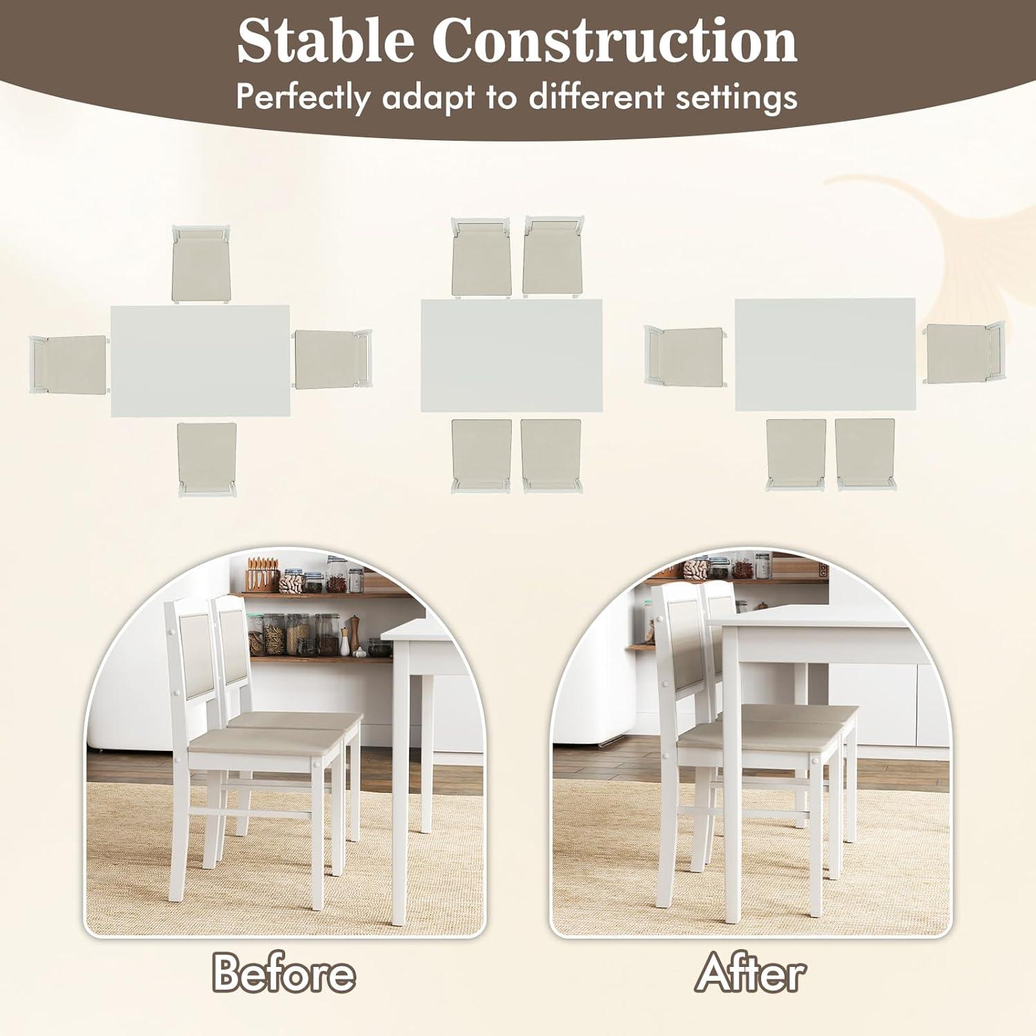 Tangkula Dining Table Set for 4, Farmhouse Solid Wood Dinette Set w/Rubber Wood Legs, Upholstered Seat & Padded Backrest, Mid-Century Modern Dining Table and Chairs Set for Kitchen, Dining Room