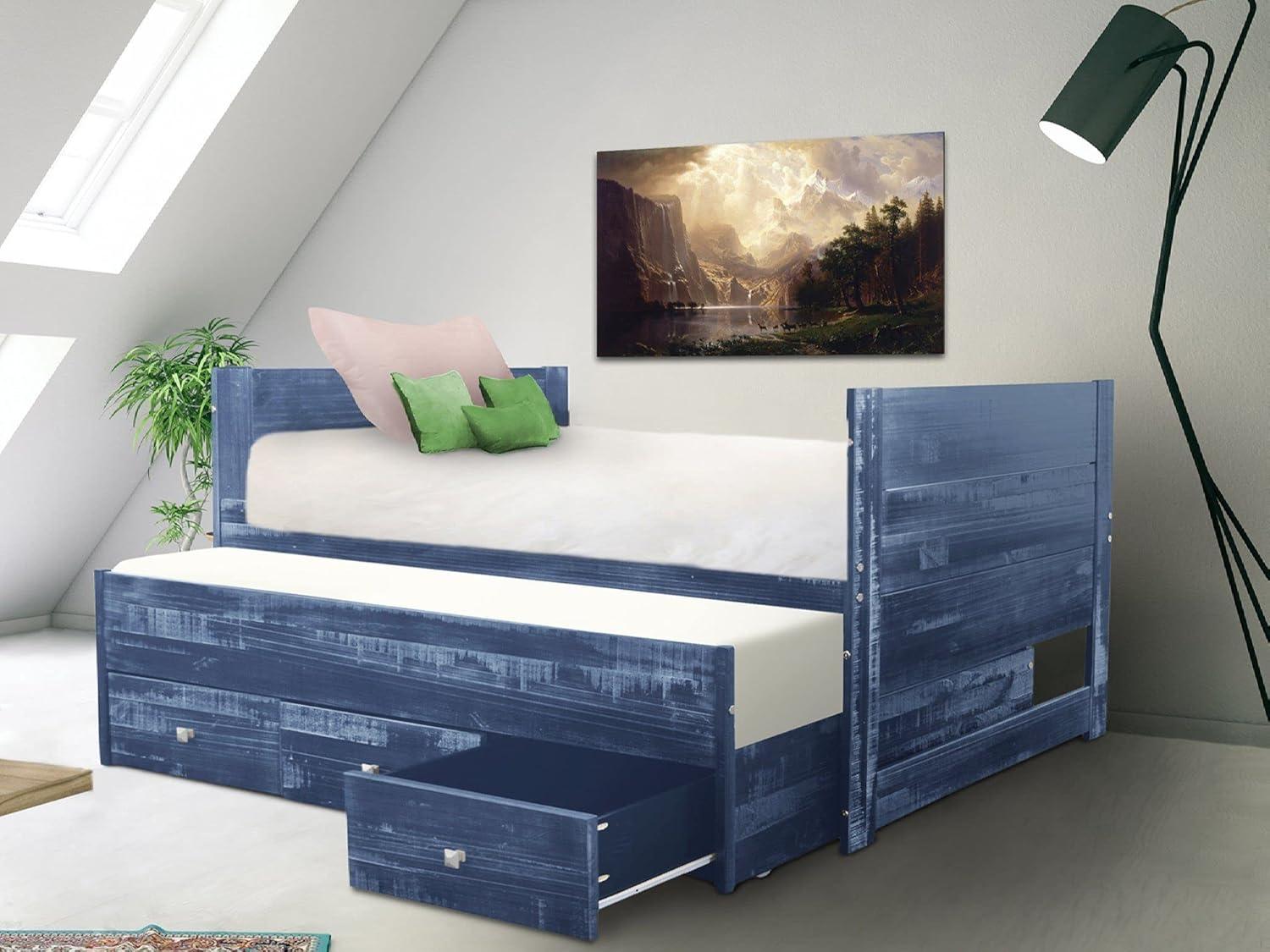 Bedz King All in One Twin Bed with Trundle and 3 Built in Drawers, Weathered Blue