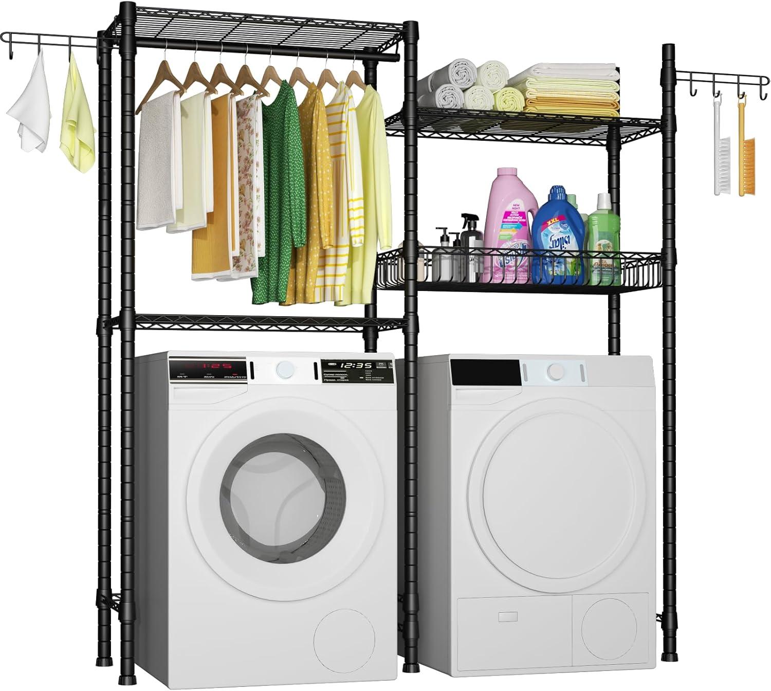 Black Adjustable Carbon Steel Laundry Drying Rack with Shelves