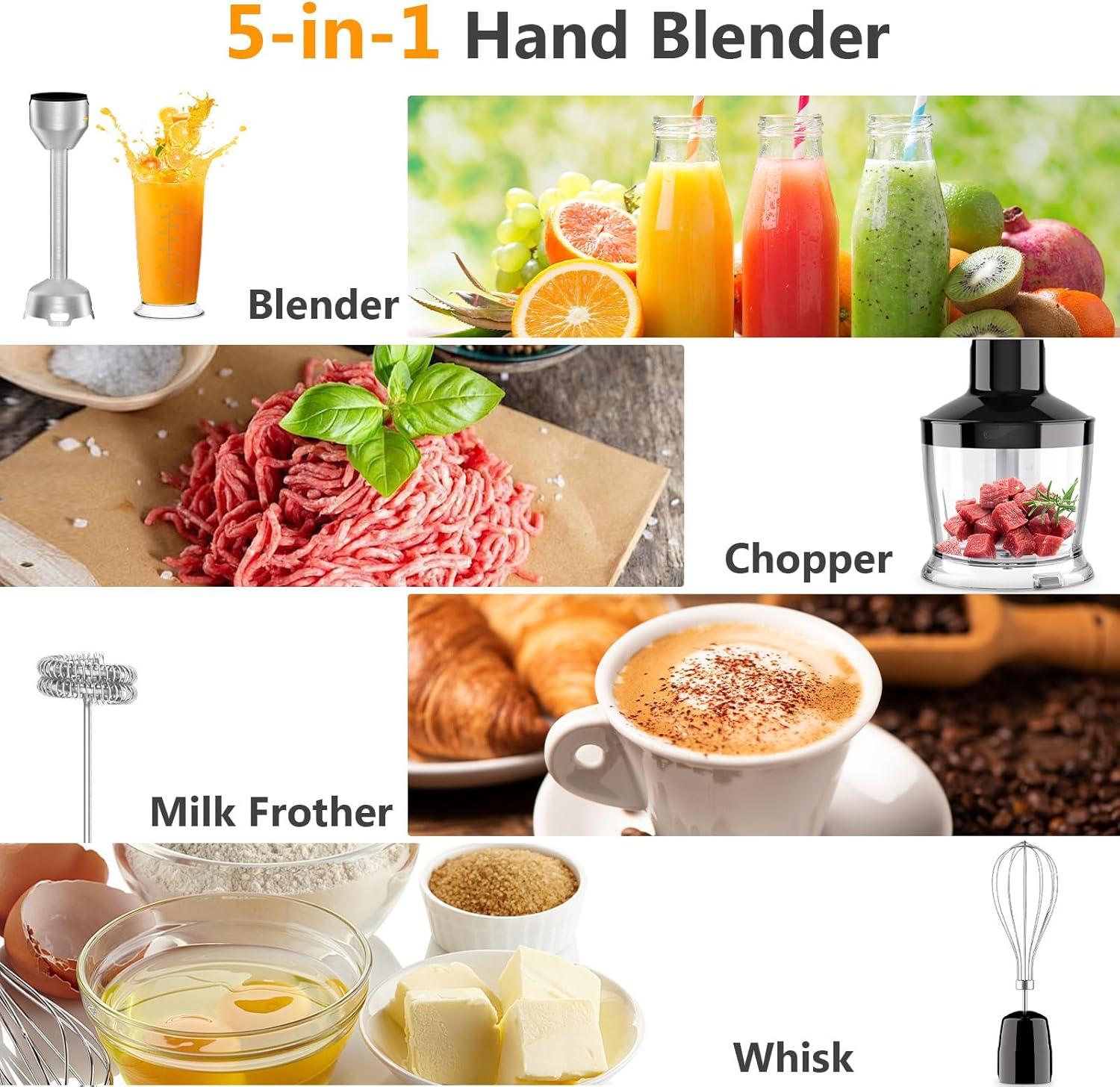 YASHE Immersion Hand Blender,5-in-1 Multi-Function Handheld Stick Blender with Chopper, 600ml Mixing Cup, Continuously Variable Speed Mixer Milk Frother for Baby Food/Smoothies/Puree