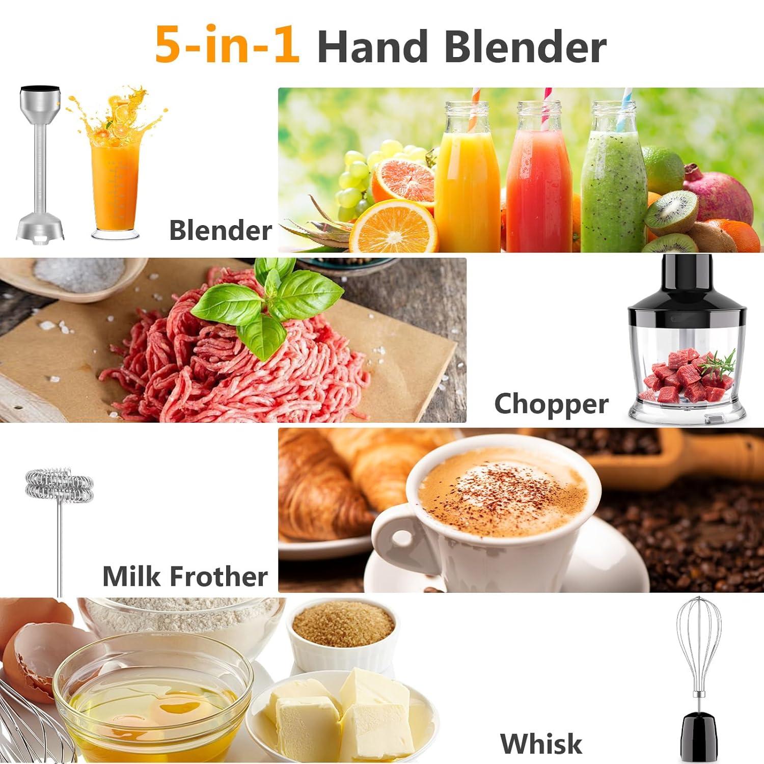 YASHE Immersion Hand Blender,5-in-1 Multi-Function Handheld Stick Blender with Chopper, 600ml Mixing Cup, Continuously Variable Speed Mixer Milk Frother for Baby Food/Smoothies/Puree