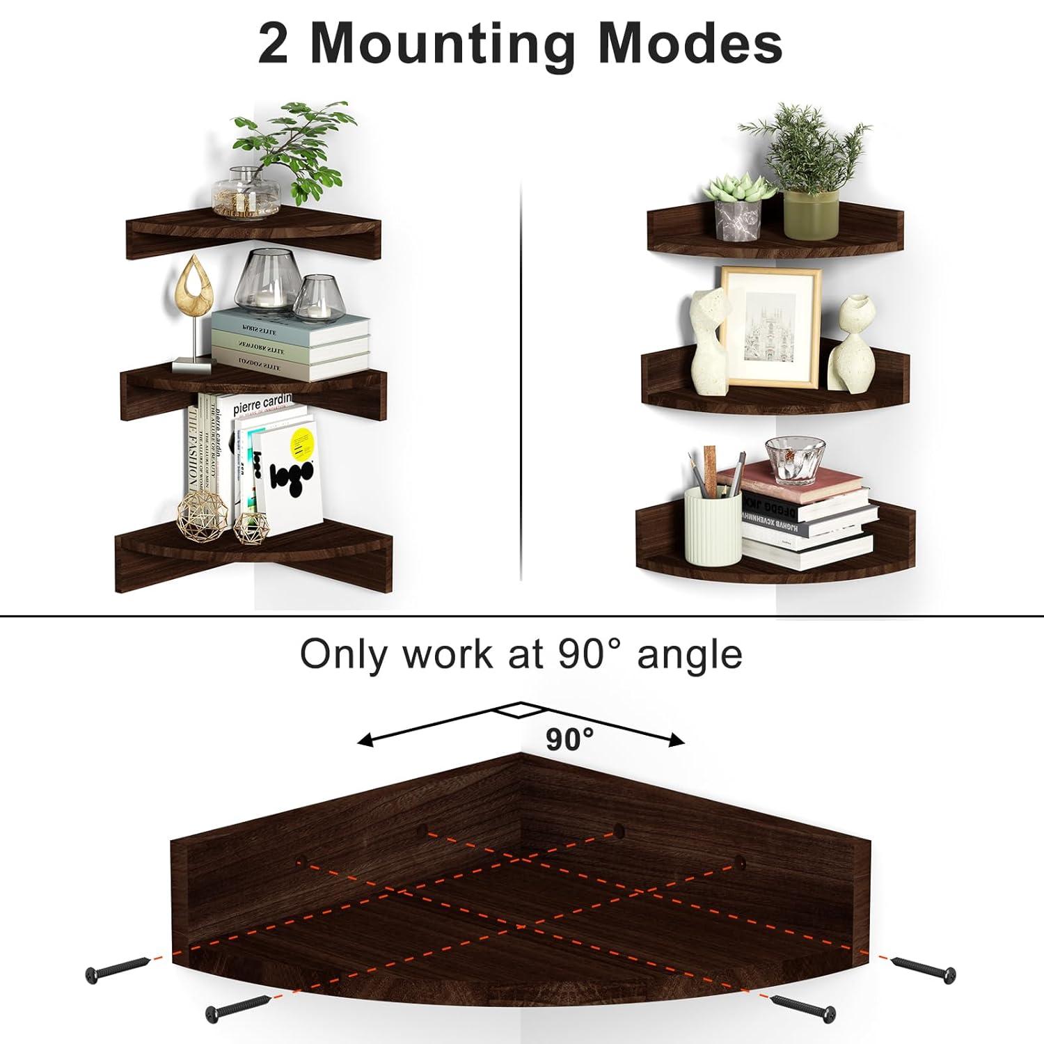 Alsonerbay Corner Shelf Wall Mount, Set of 3 Floating Shelves for Storage and Display, Rustic Wood Shelves for Bedroom, Kitchen, Living Room, Nursery and Office (Dark Brown)