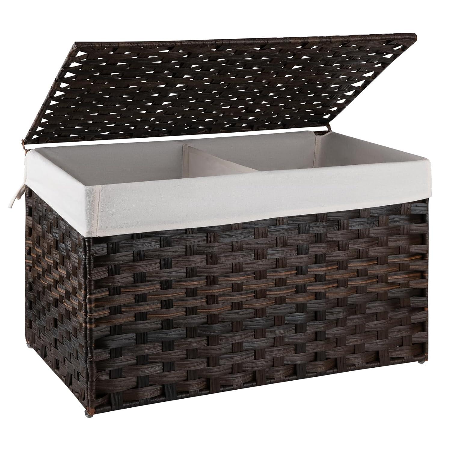 SONGMICS Storage Basket with Lid, 27.7 Gallon (105L) Storage Bin, Woven Blanket Storage Basket with Handles, Foldable, Removable Liner Brown