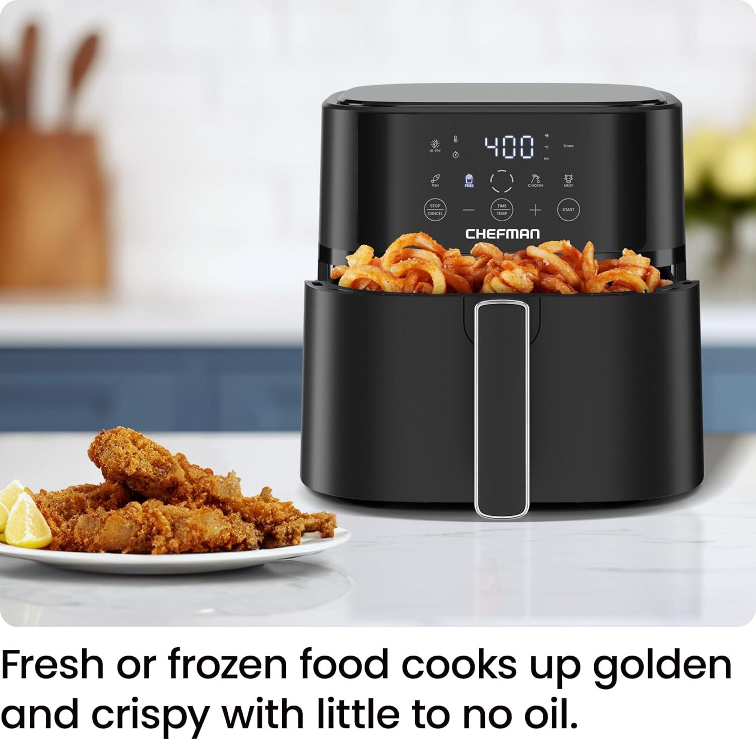 Chefman 6 Qt Compact Digital Touch Air Fryer w/ Hi-Fry & Shake Reminder - Black, New