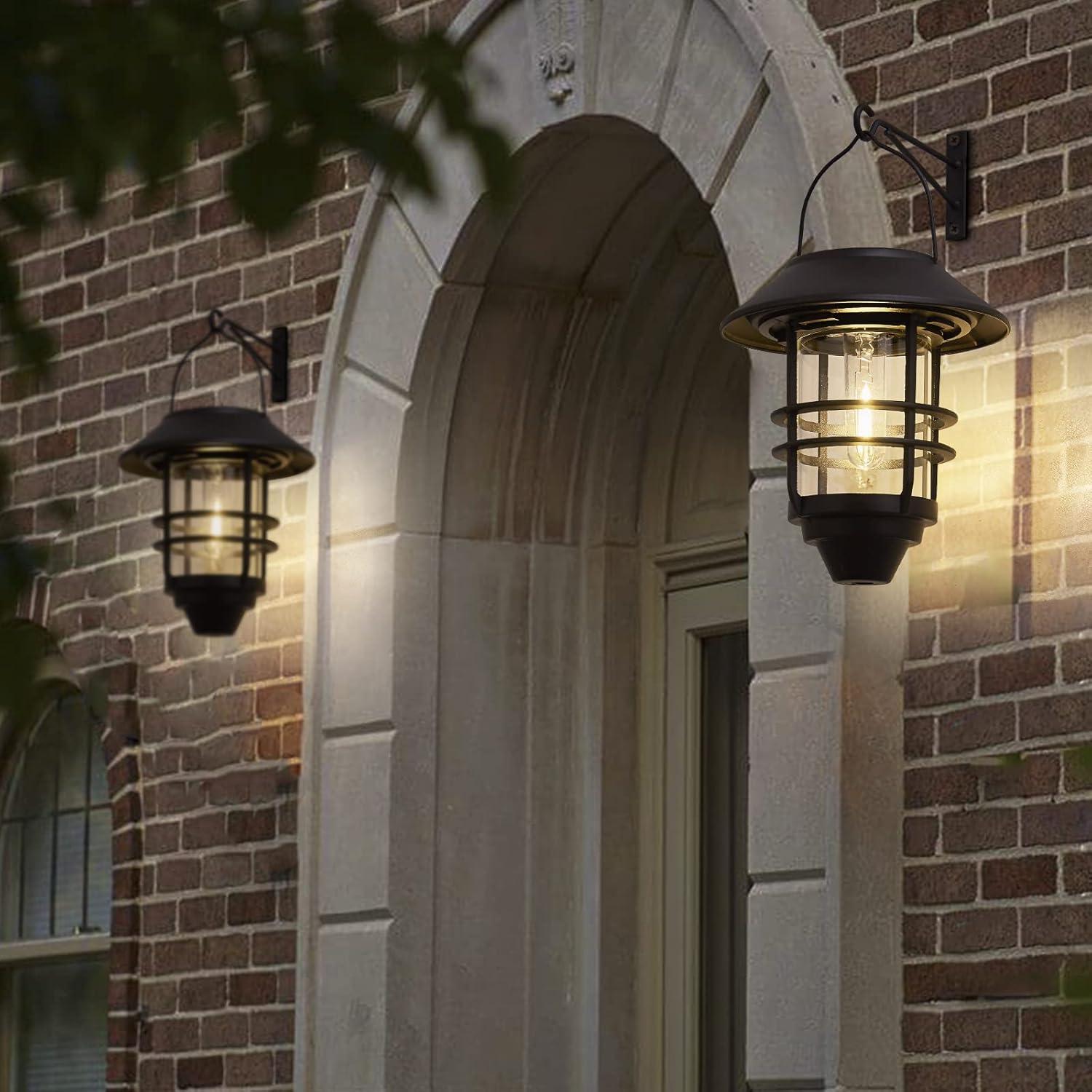 2 Pack Solar Lights Outdoor Lanterns,Waterproof Hanging Solar Lights Lantern Glass Metal with Wall Mount Kit, Garden Lanterns Solar Powered for Outdoor, Fence, Front Porch Exterior Lighting