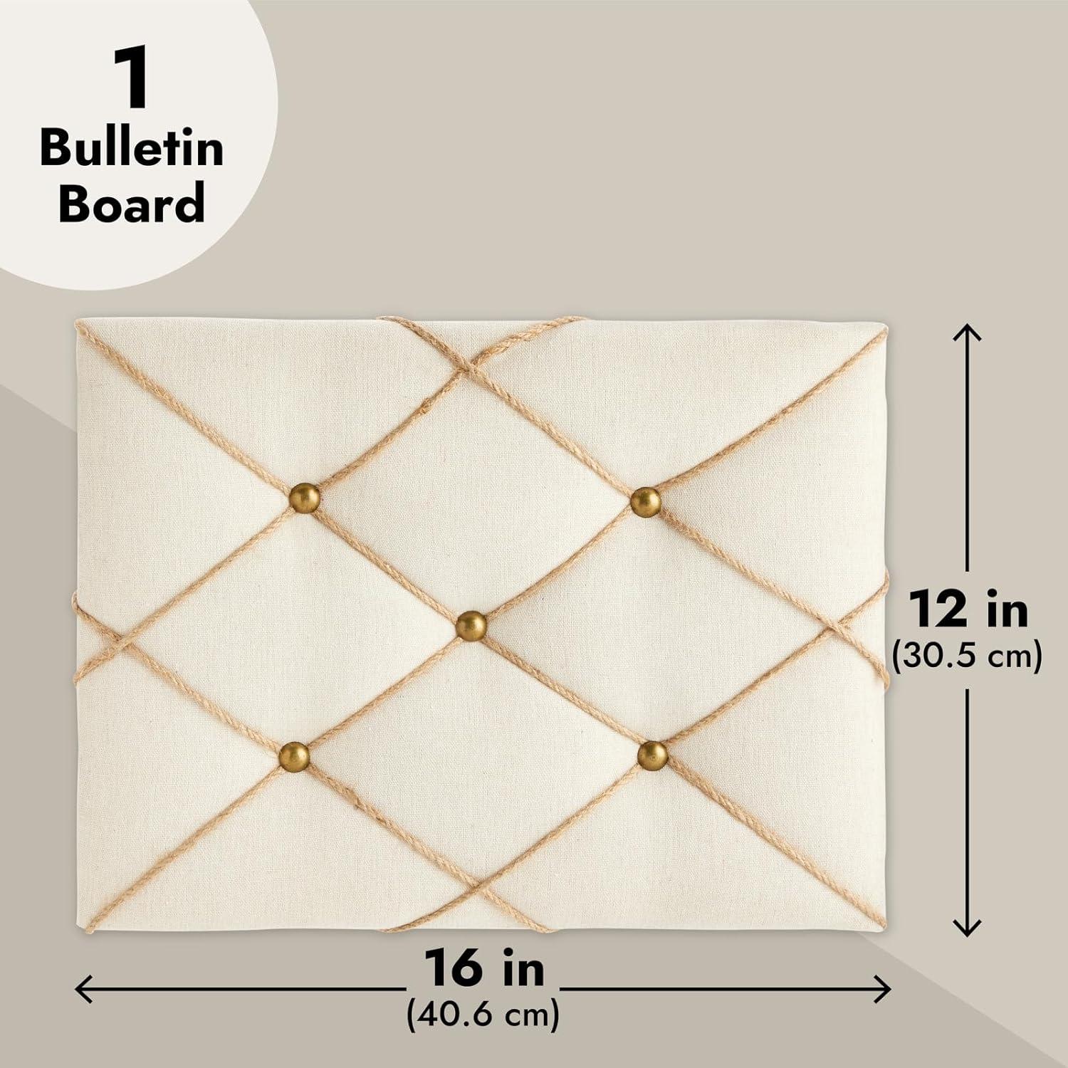 Beige Linen Fabric Photo Bulletin Board with Brass Accents, 16" x 12"