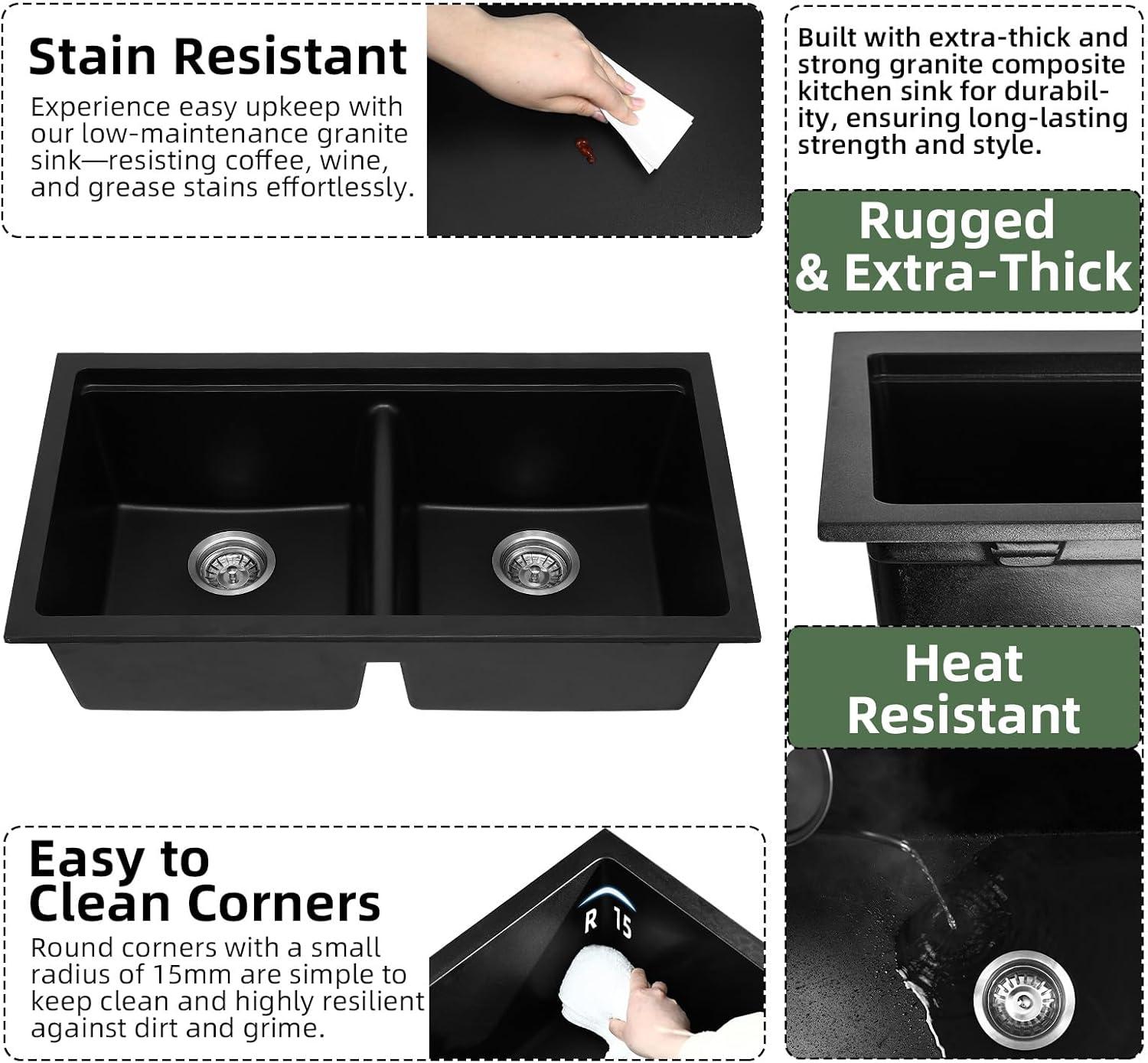 Davivy 33 Inch Black Granite Composite Kitchen Sink Workstation, 33 X 22 Quartz Composite Dual Mount Sink, Matte Black Composite Single Bowl Sink