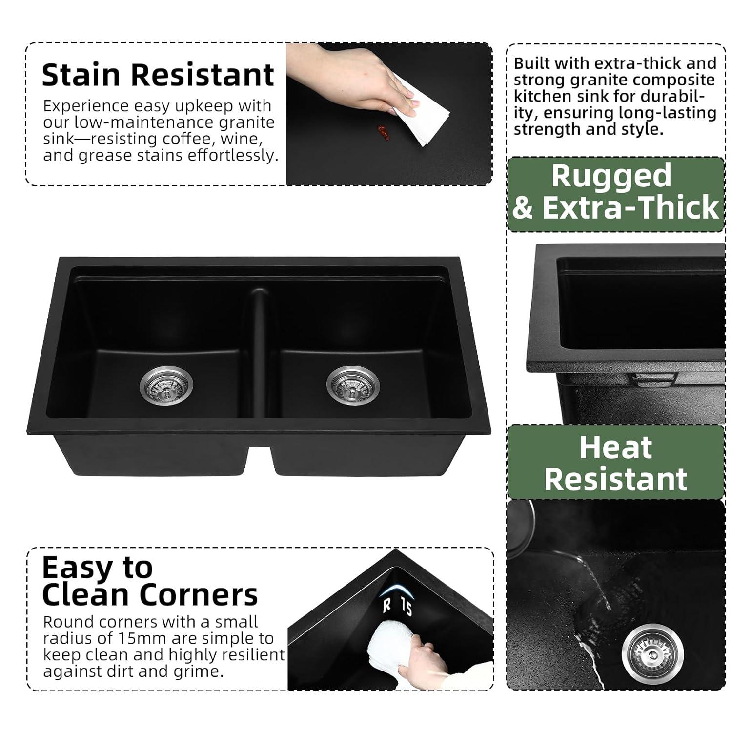 Davivy 33 Inch Black Granite Composite Kitchen Sink Workstation, 33 X 22 Quartz Composite Dual Mount Sink, Matte Black Composite Single Bowl Sink