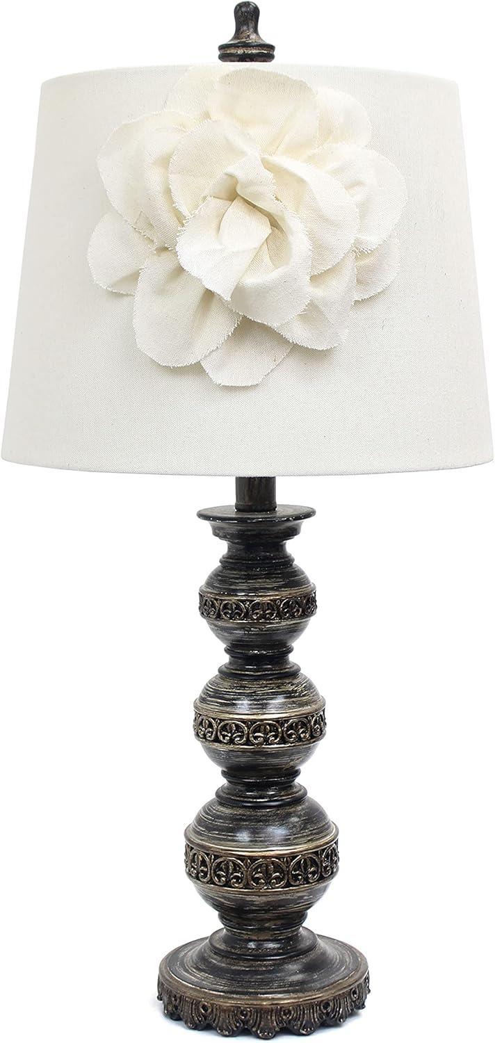 Aged Bronze Stacked Ball Table Lamp with Linen Flower Shade