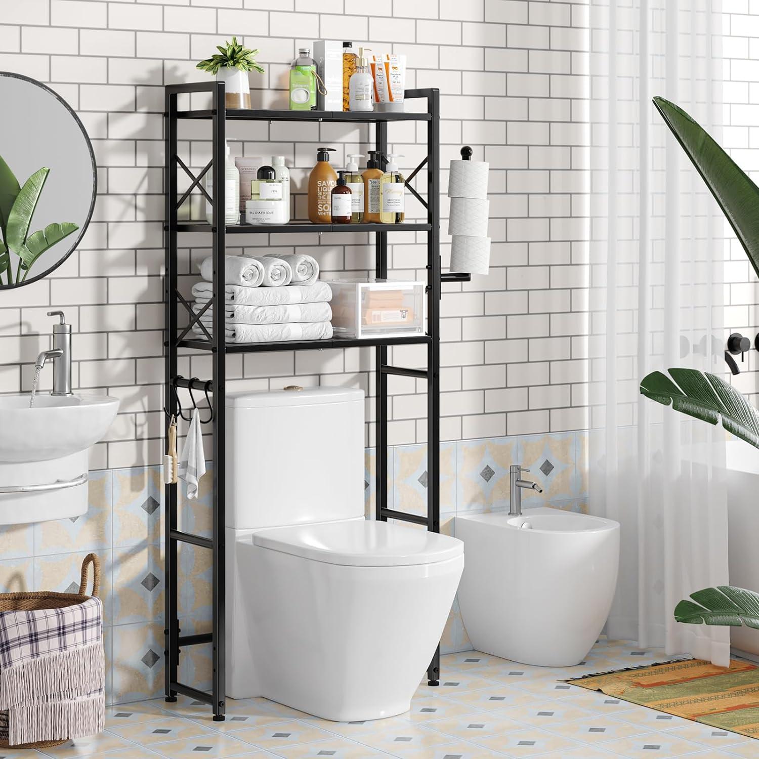 Tangkula Over-the-Toilet Storage 3-Tier Freestanding Bathroom Organizer Shelf w/ 2 Hanging Hooks & Toilet Paper Holder White/Black