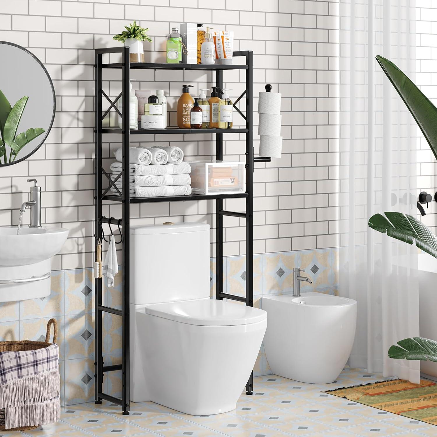 Tangkula Over-the-Toilet Storage 3-Tier Freestanding Bathroom Organizer Shelf w/ 2 Hanging Hooks & Toilet Paper Holder Black