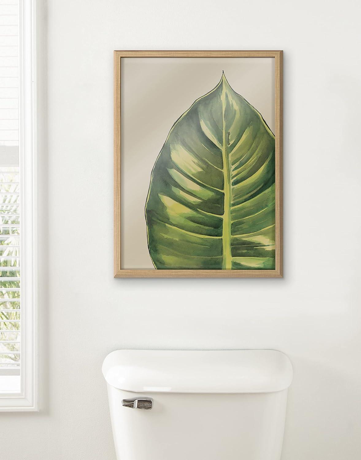 Large Green Leaf Botanical Glass Print with Natural Frame, 18x24