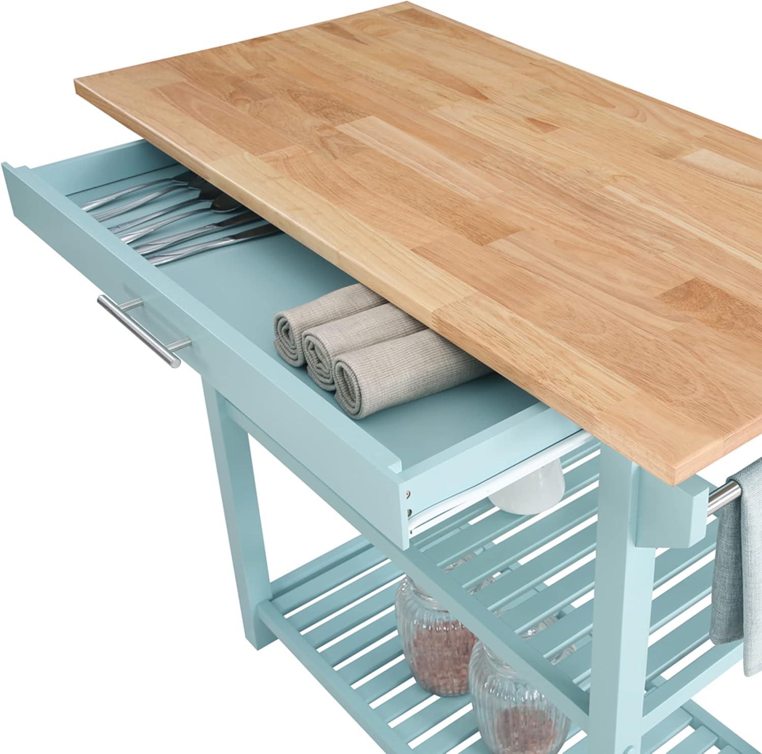 Convenience Concepts Designs2Go 3 Tier Butcher Block Kitchen Prep Island Cart with Drawer, Sea Foam Blue/Butcher Block