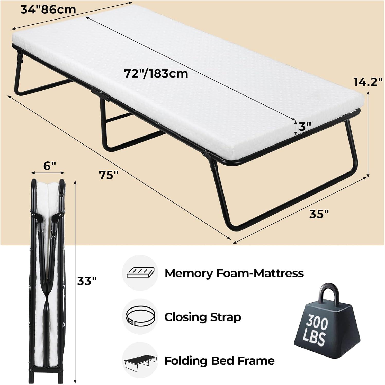 MAMIZO Folding Bed 75" x 35", 4 in Wider Rollaway Bed with Mattress for Adults, Portable, Metal Frame with Memory Foam Mattress, No Assembly Required (75" x35" x14")