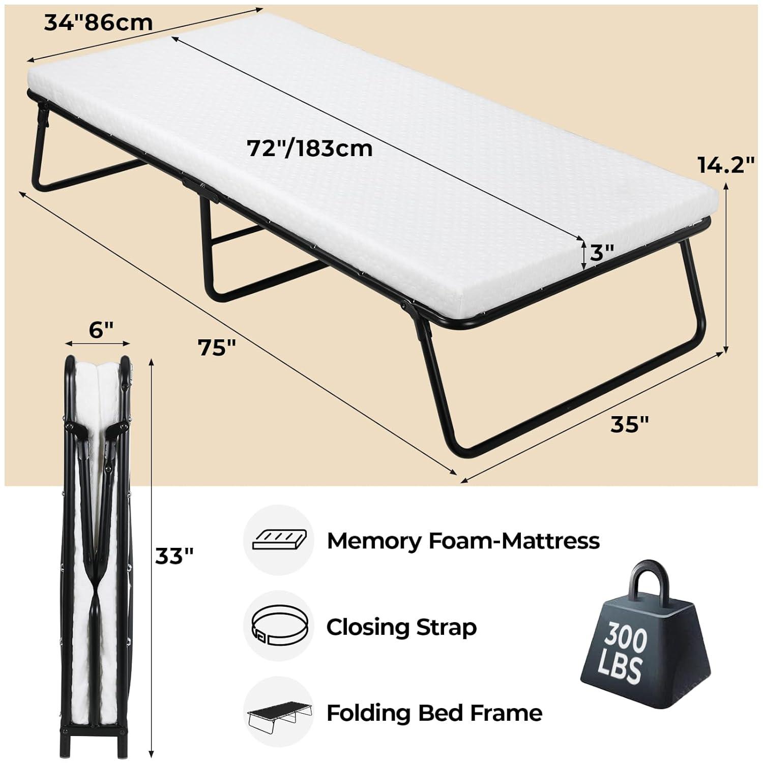 MAMIZO Folding Bed 75" x 35", 4 in Wider Rollaway Bed with Mattress for Adults, Portable, Metal Frame with Memory Foam Mattress, No Assembly Required (75" x35" x14")