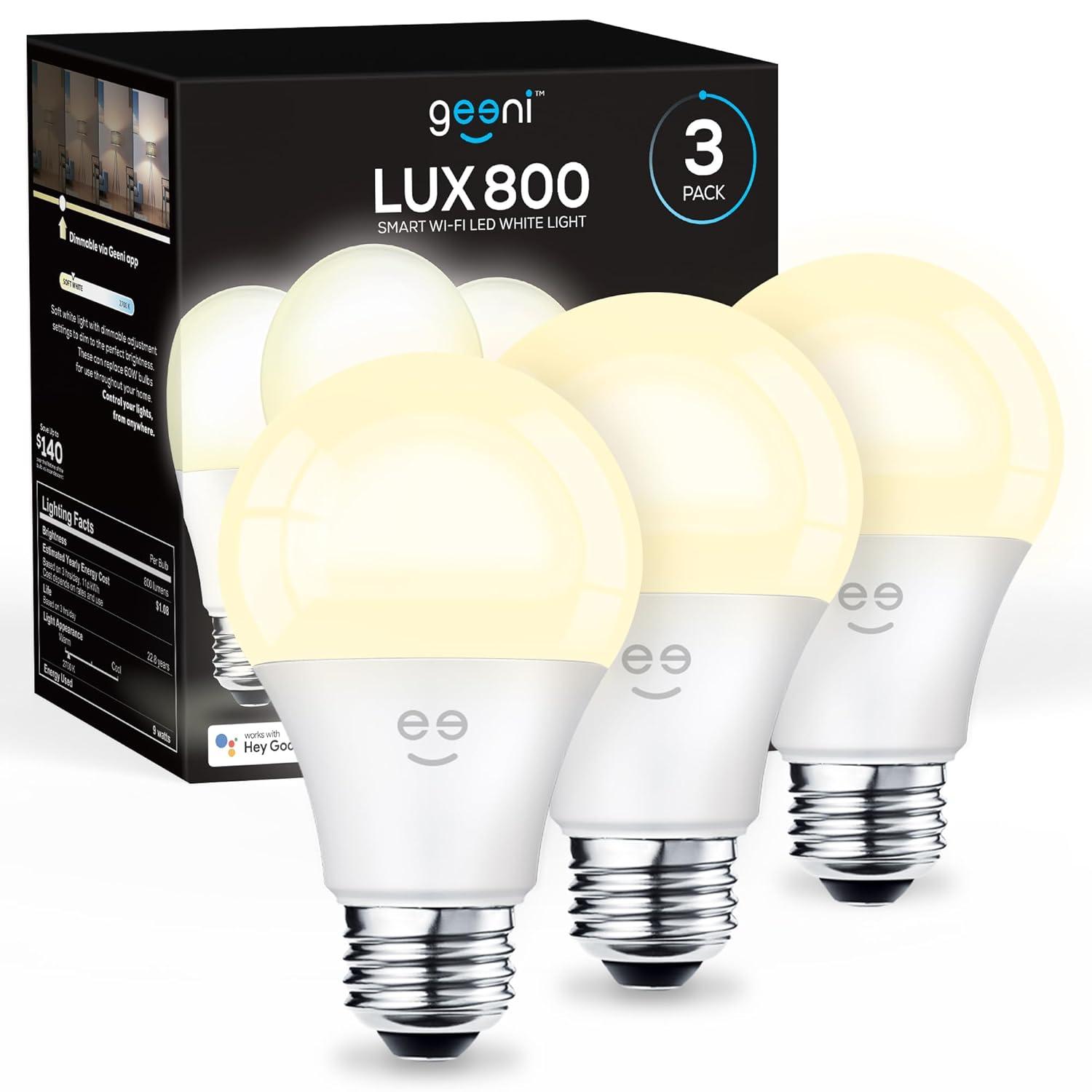 Geeni Smart LED Light Bulb 3-Pack  A19 WiFi Dimmable Soft White 800 Lumens, Works with Alexa & Google Assistant, Voice Control, Energy Efficient Smart Bulbs