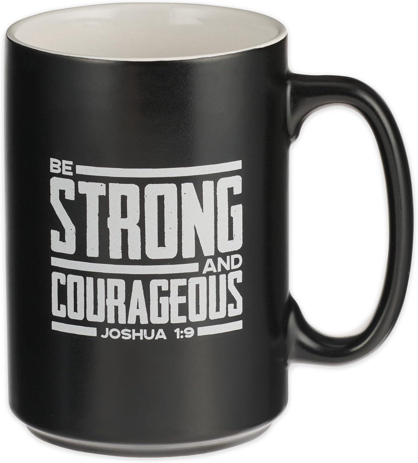 Christian Art Gifts Large Coffee & Tea Inspirational Scripture Mug for Men: Strong & Courageous - Encouraging Bible Verse Drinkware, Black, 14 Oz. (Other)