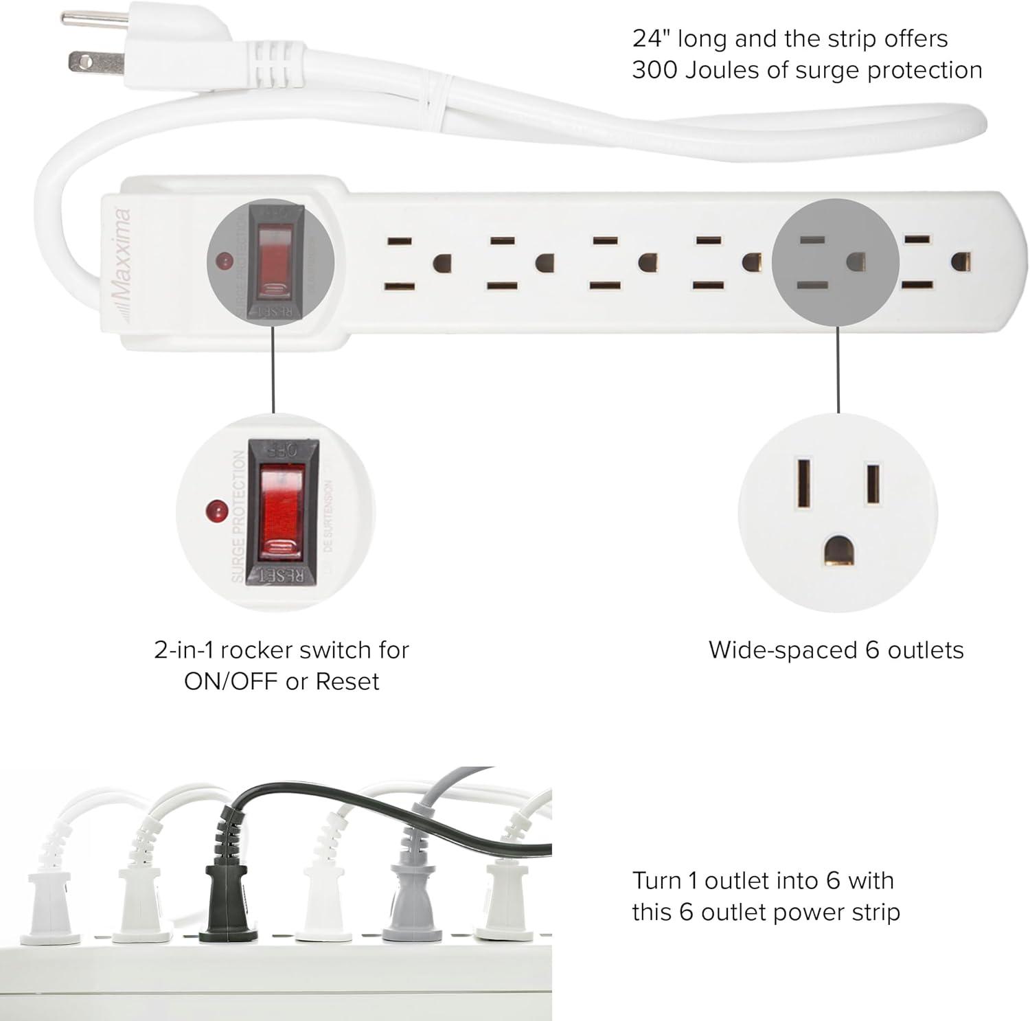 Maxxima 6 Outlet Power Strip Surge Protector- 300 Joules (Pack of 4)