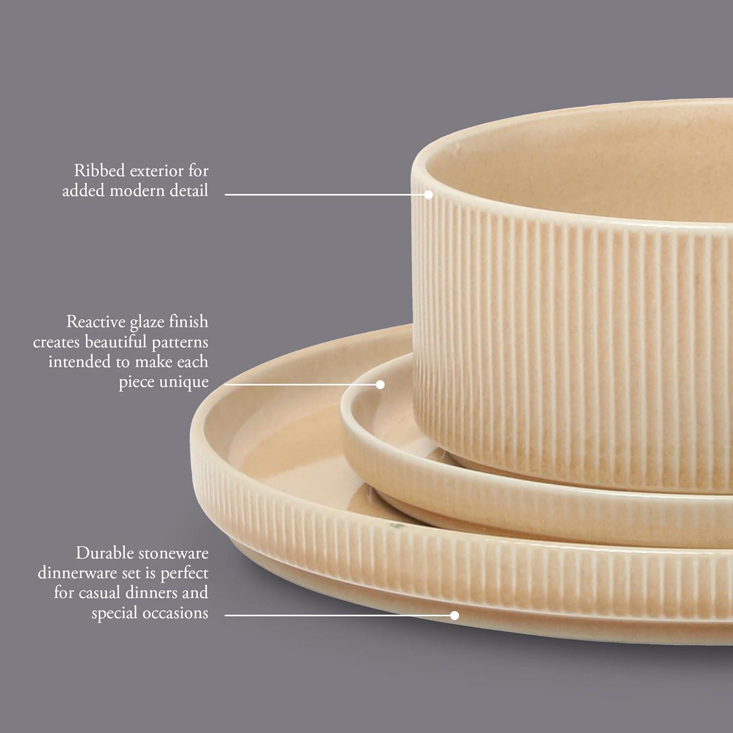 Gibson Elite Solana Coast 12 Piece Stoneware Reactive Glaze (Service for 4) Ceramic Plates and Bowls Modern Shape Embossed Dinnerware Set - Orange