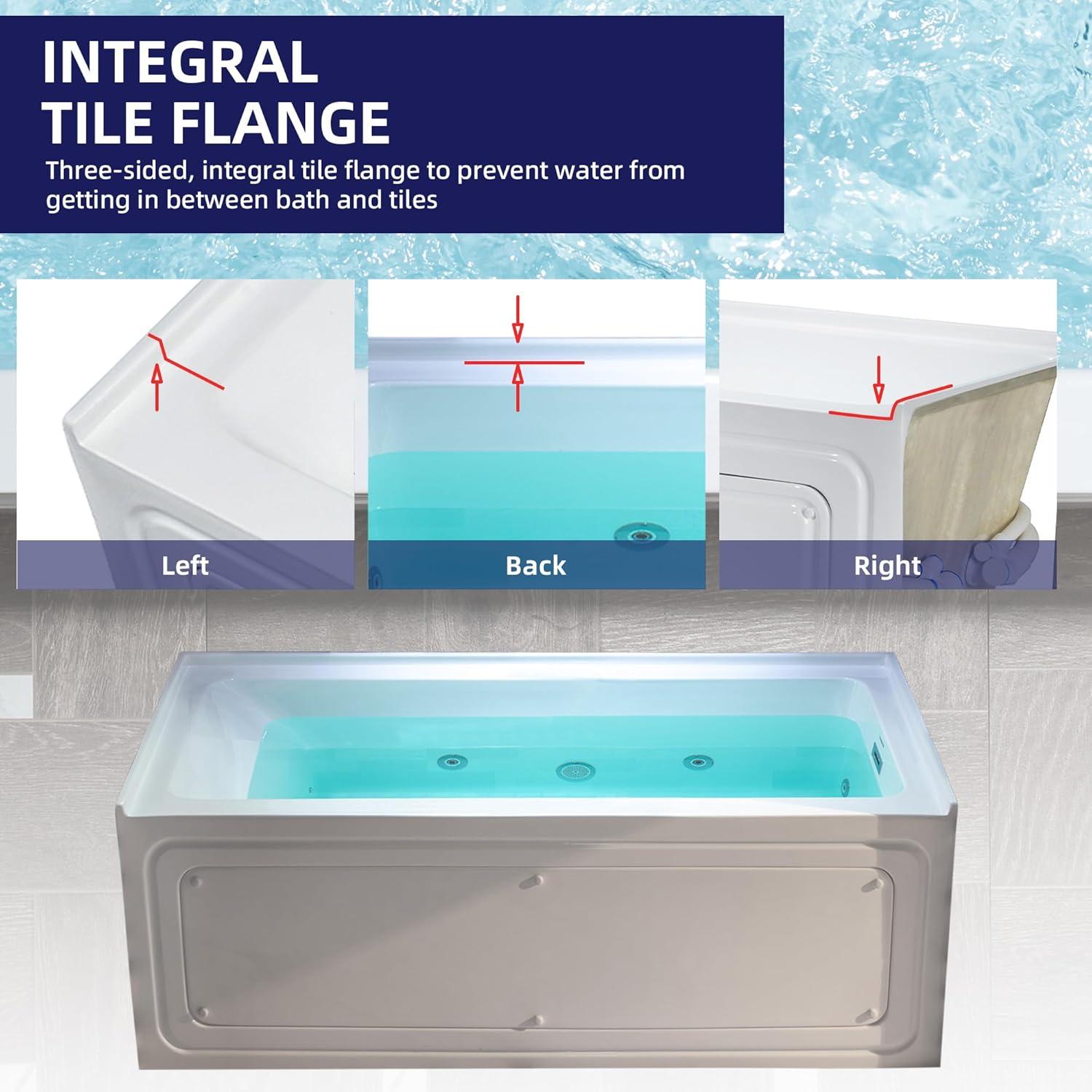 WoodBridge 60" X 30" Alcove Acrylic Rectangular Whirlpool Heated Jetted Tub In White With Drain and Overflow BS666-R-CH01
