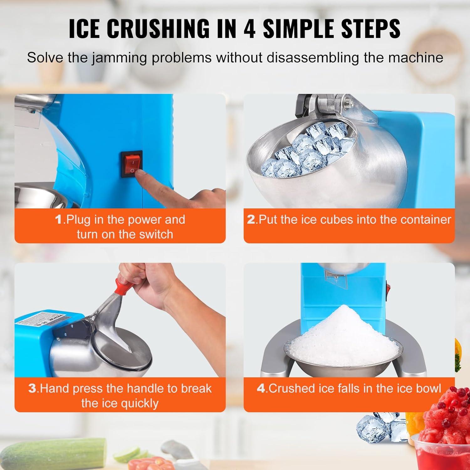VEVOR Ice Crushers Machine, 220lbs Per Hour Electric Snow Cone Maker with 4 Blades, Stainless Steel Shaved Ice Machine with Cover and Bowl, 300W Ice Shaver Machine for Home and Commercial Use, Blue