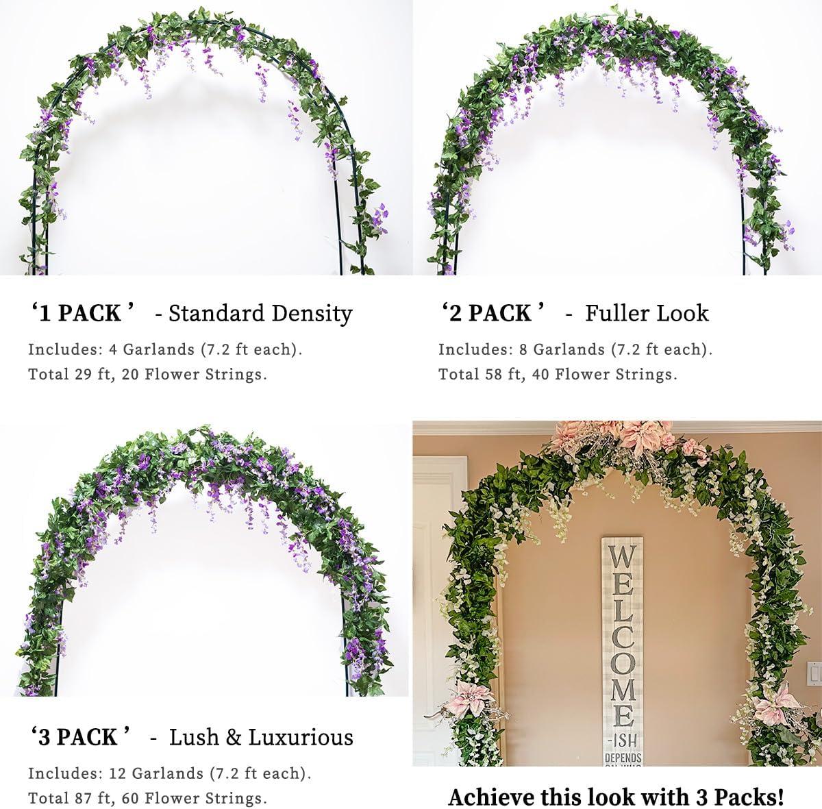 Sinhoon Wisteria Artificial Flowers Garland, 4 Pcs Total 28.8ft Artificial Wisteria Vine Silk Hanging Flower for Home Garden Outdoor Ceremony Wedding Arch Floral Decor (Light Purple)