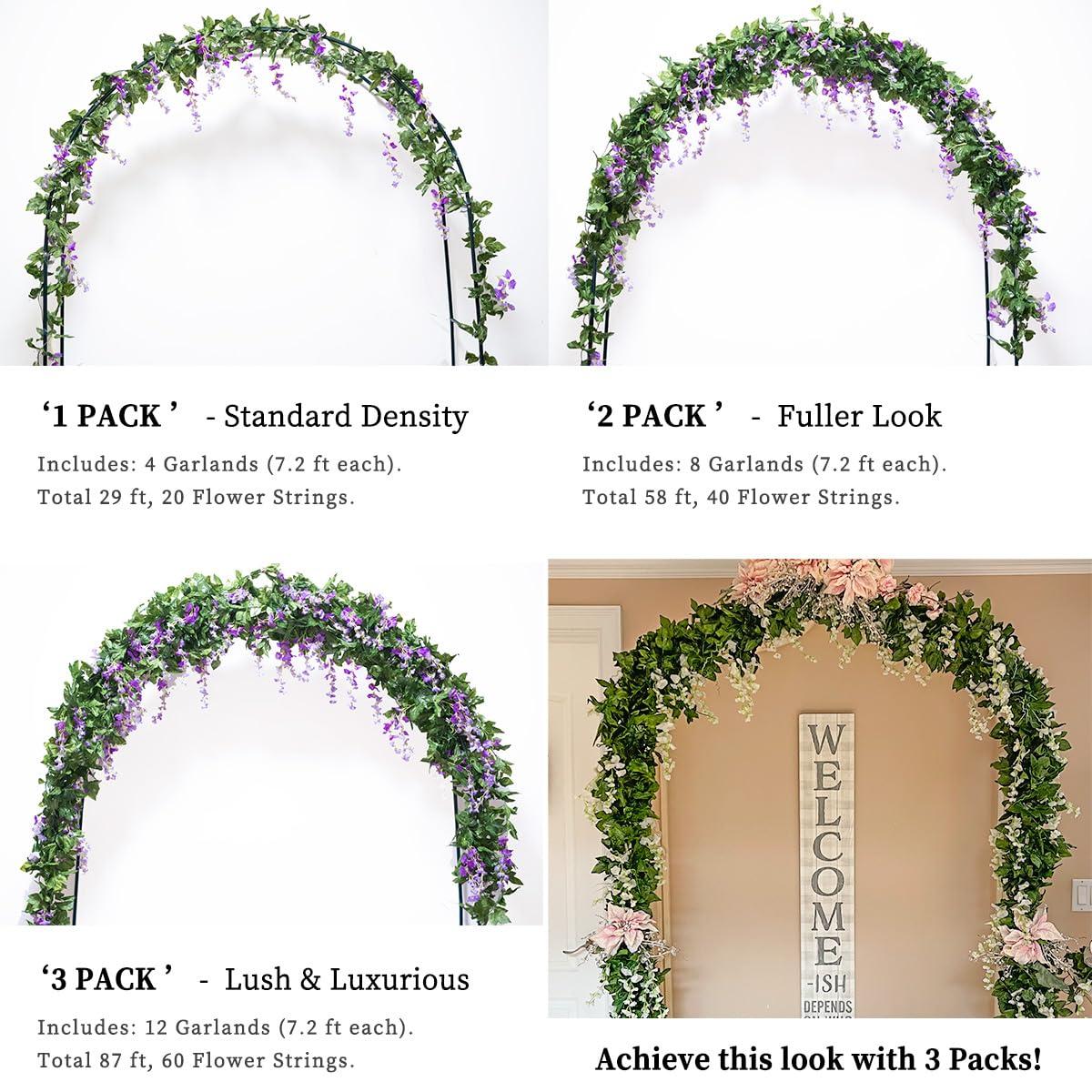 Sinhoon Wisteria Artificial Flowers Garland, 4 Pcs Total 28.8ft Artificial Wisteria Vine Silk Hanging Flower for Home Garden Outdoor Ceremony Wedding Arch Floral Decor (Light Purple)