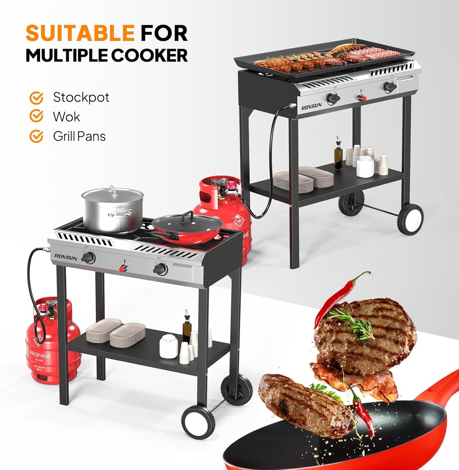 ROVSUN 2 Burner Outdoor Propane Gas Stove with Ignition, Regulator & Shelf, 150,000 BTU Powerful Cooker for Backyard Patio Cooking Home Canning Frying