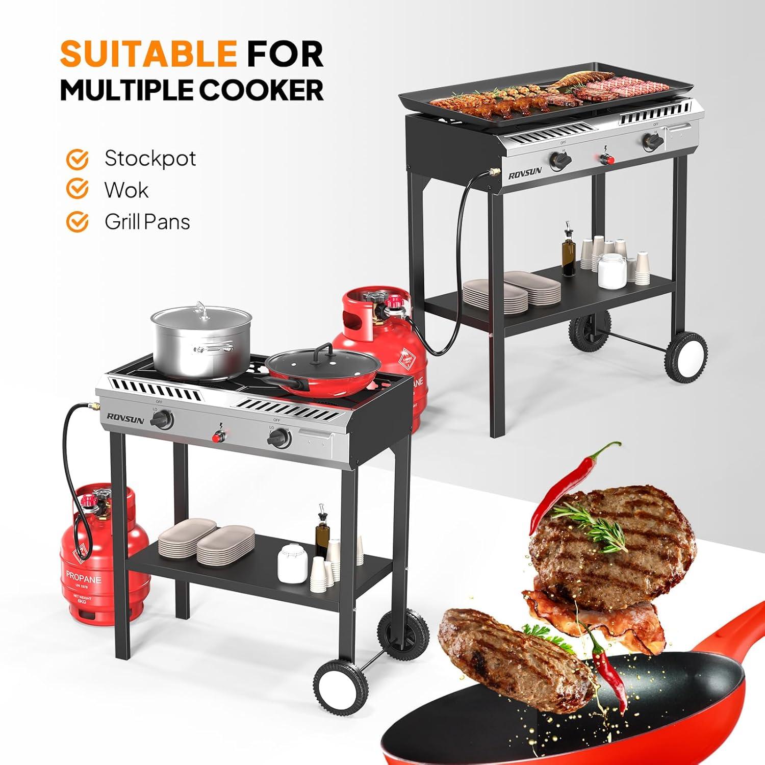 ROVSUN 2 Burner Outdoor Propane Gas Stove with Ignition, Regulator & Shelf, 150,000 BTU Powerful Cooker for Backyard Patio Cooking Home Canning Frying