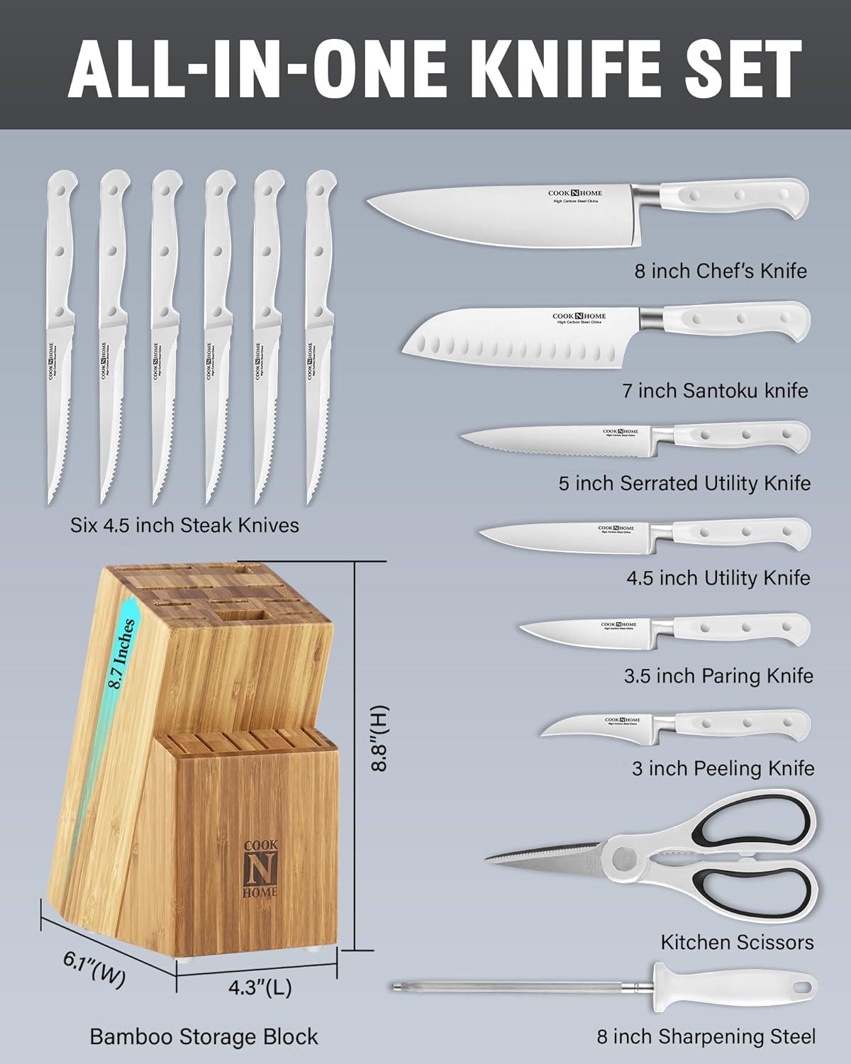 Cook N Home Kitchen Knife Set with Bamboo Storage Block 15-Piece