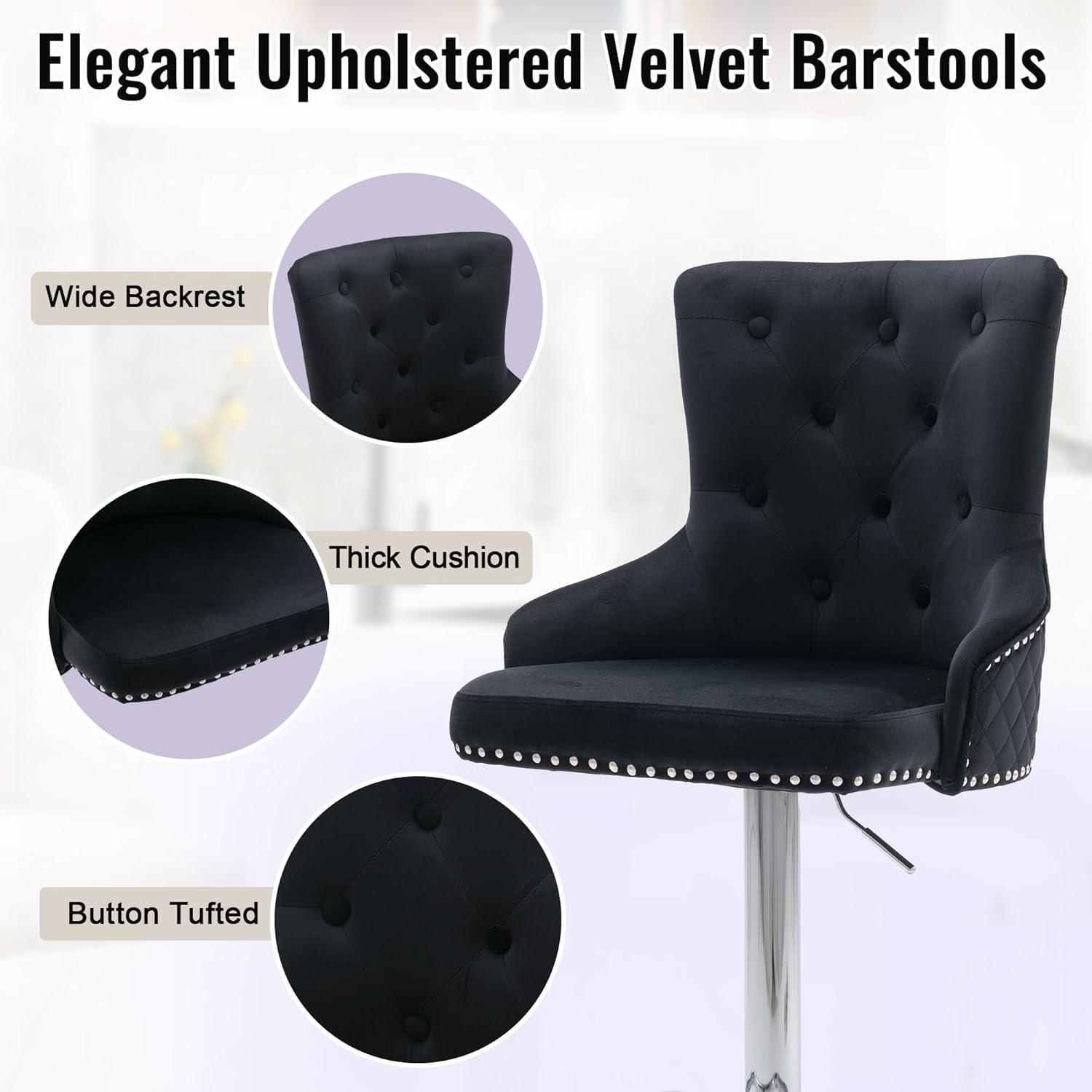 Swivel Velvet Bar Stools Set of 2,Counter Height Bar Chairs with Button Decor, Nailhead Trim and High Back,Modern Upholstered Bar Stools for Kitchen, Cafe, Pub,Black