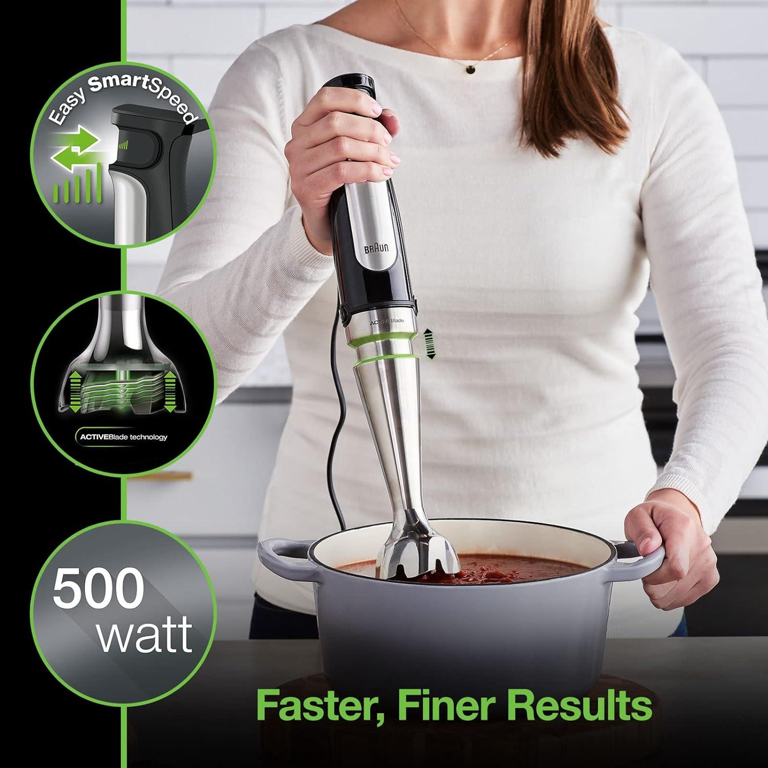 Braun MultiQuick 7 Smart-Speed Hand Blender with 500 Watts of Power, Whisk, Masher, and 6-Cup Food Processor