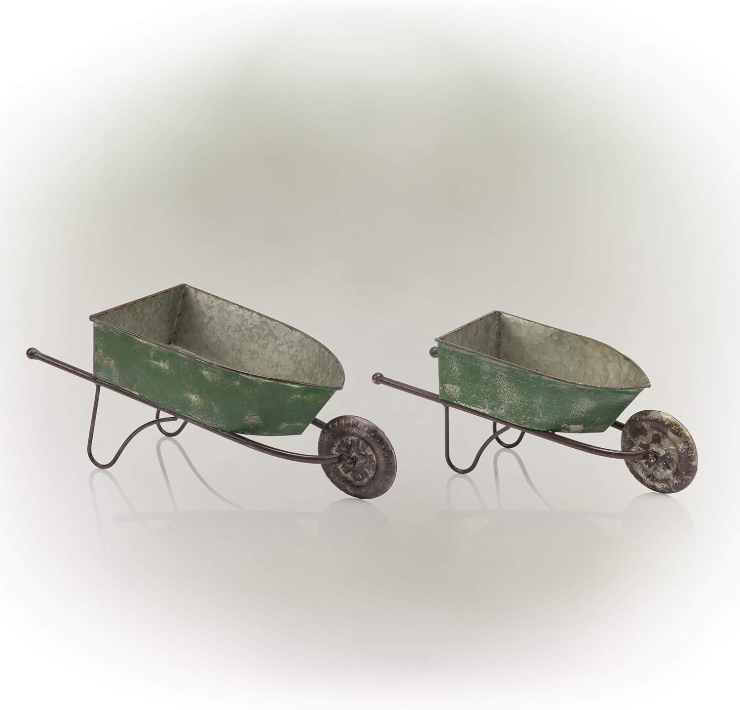 2pk Rustic Iron Wheelbarrow Garden Novelty Planter Green - Alpine Corporation