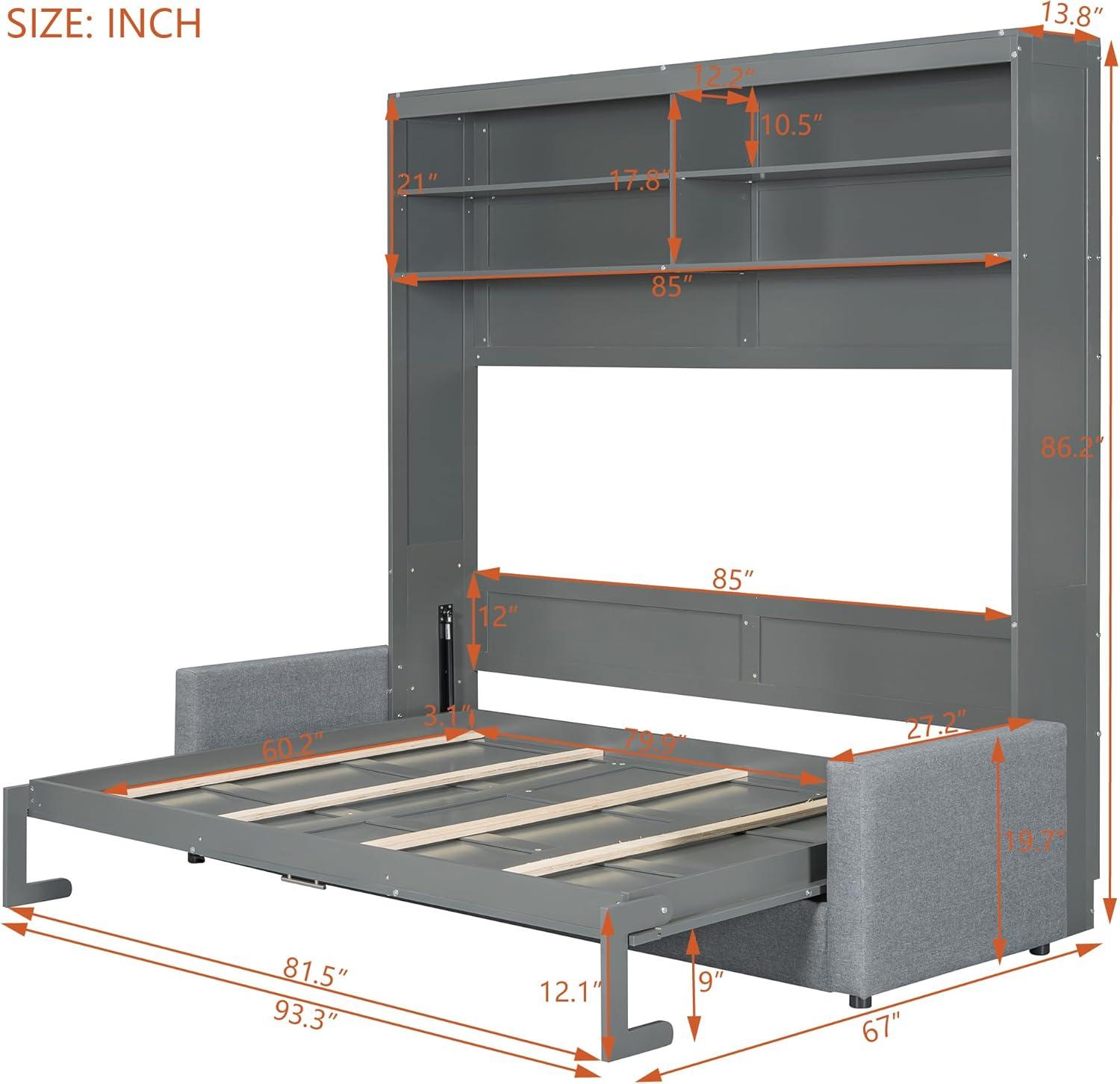 Harper & Bright Designs Queen Murphy Bed with Couch and Storage Shelves, Wood Murphy Bed Cabinet with Storage and Sofa, Folding Murphy Wall Bed Cabinet, Gray