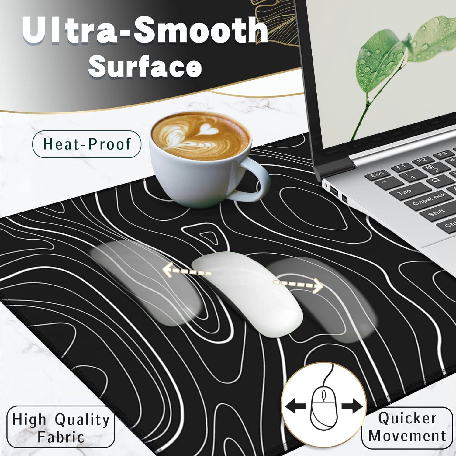 Mouse Pad Gaming Mousepad 31.5 x 11.8in Large Mouse Pad for Keyboard and Mouse with Anti-Slip Rubber Base, Keyboard Pad XL Mouse Mat for Home and Office（Black with White Topographic Line）