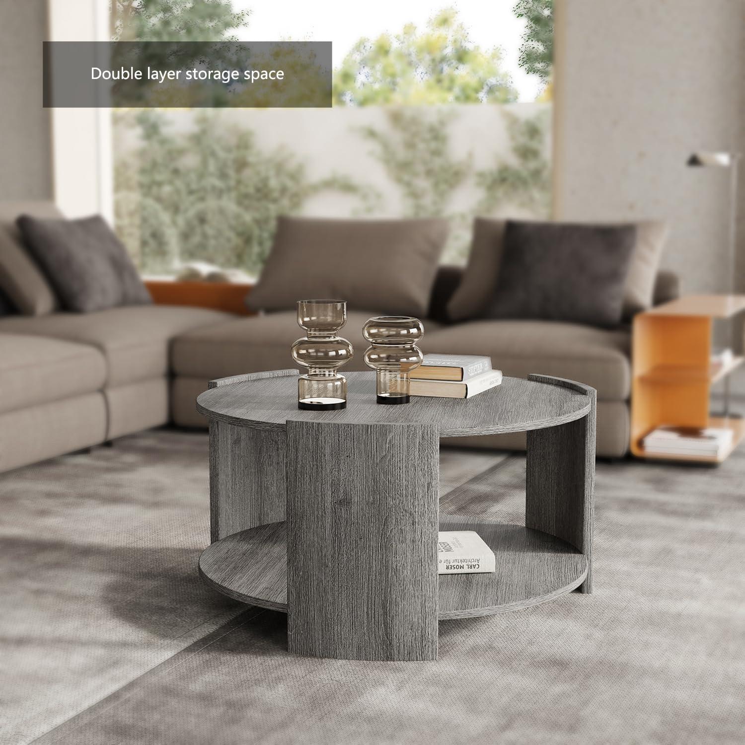 Michaelee Round Coffee Table, 36" Rustic Modern Circle Coffee Tables with 2 Tier Storage Shelf, Cocktail Table for Living Room Apartment