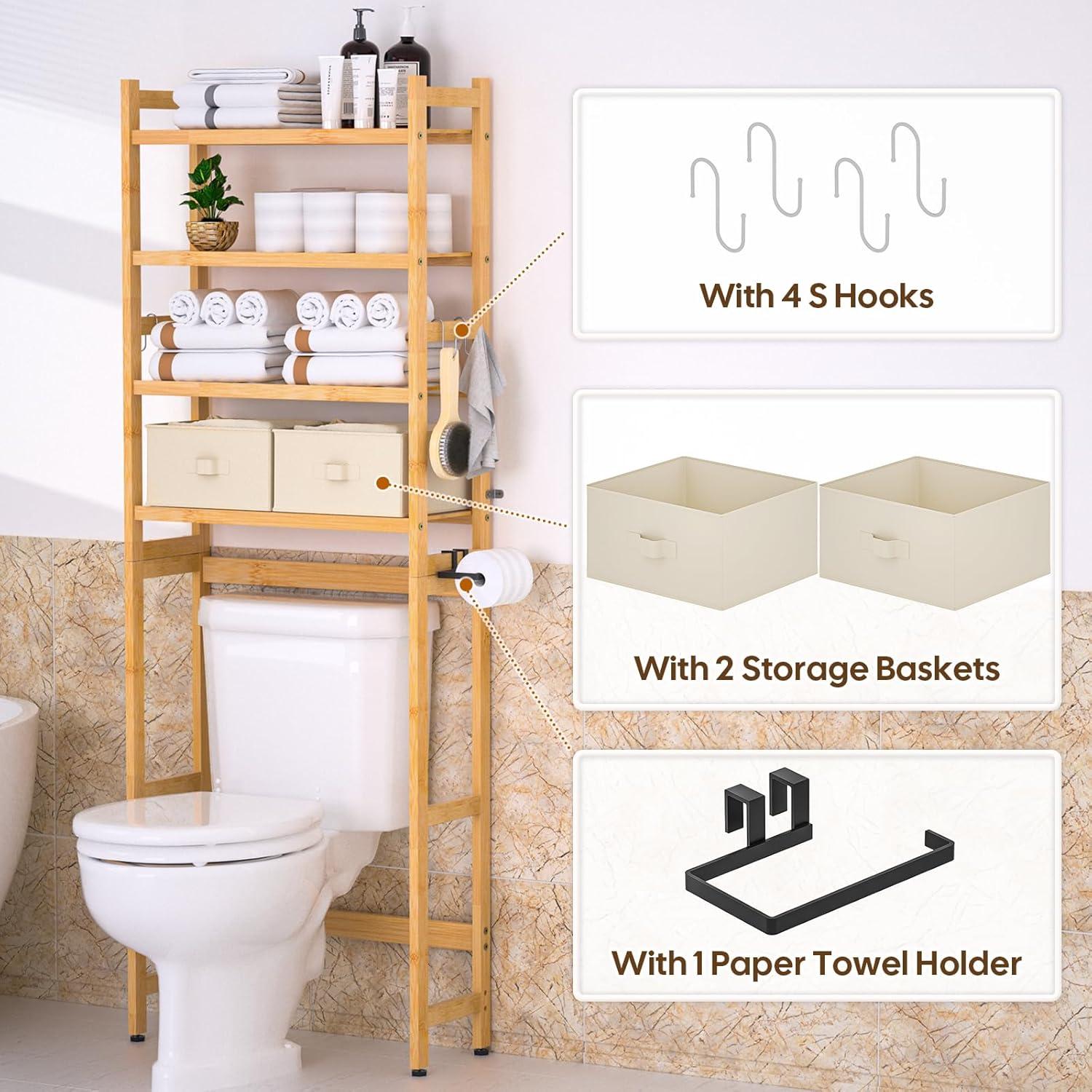 Natural Bamboo 4-Tier Over-the-Toilet Storage Rack with Baskets