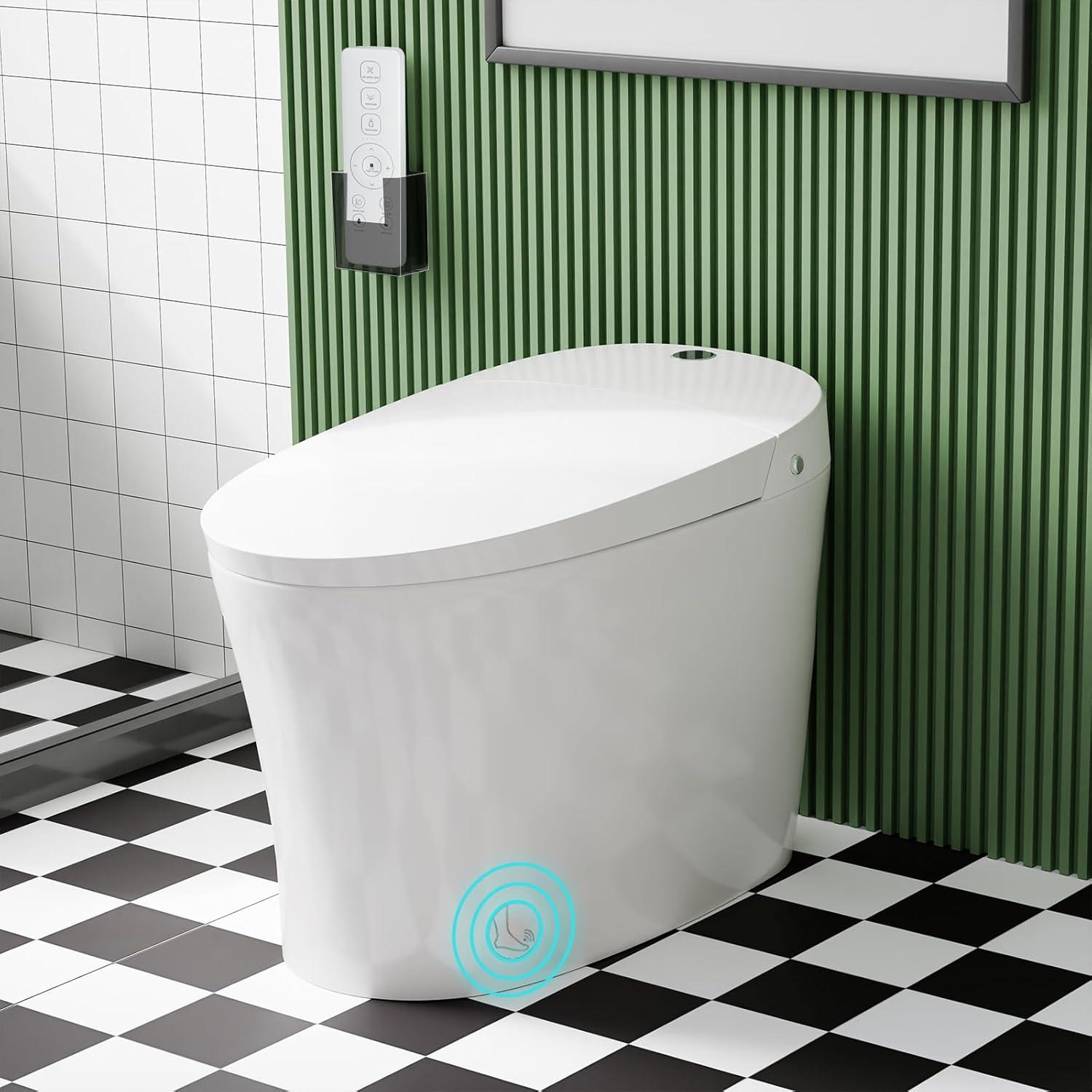 Smart Toilet with Warm Water Sprayer, Foot Sensor Operation, Heated Bidet Seat, Raised Tankless Toilet with LED Display