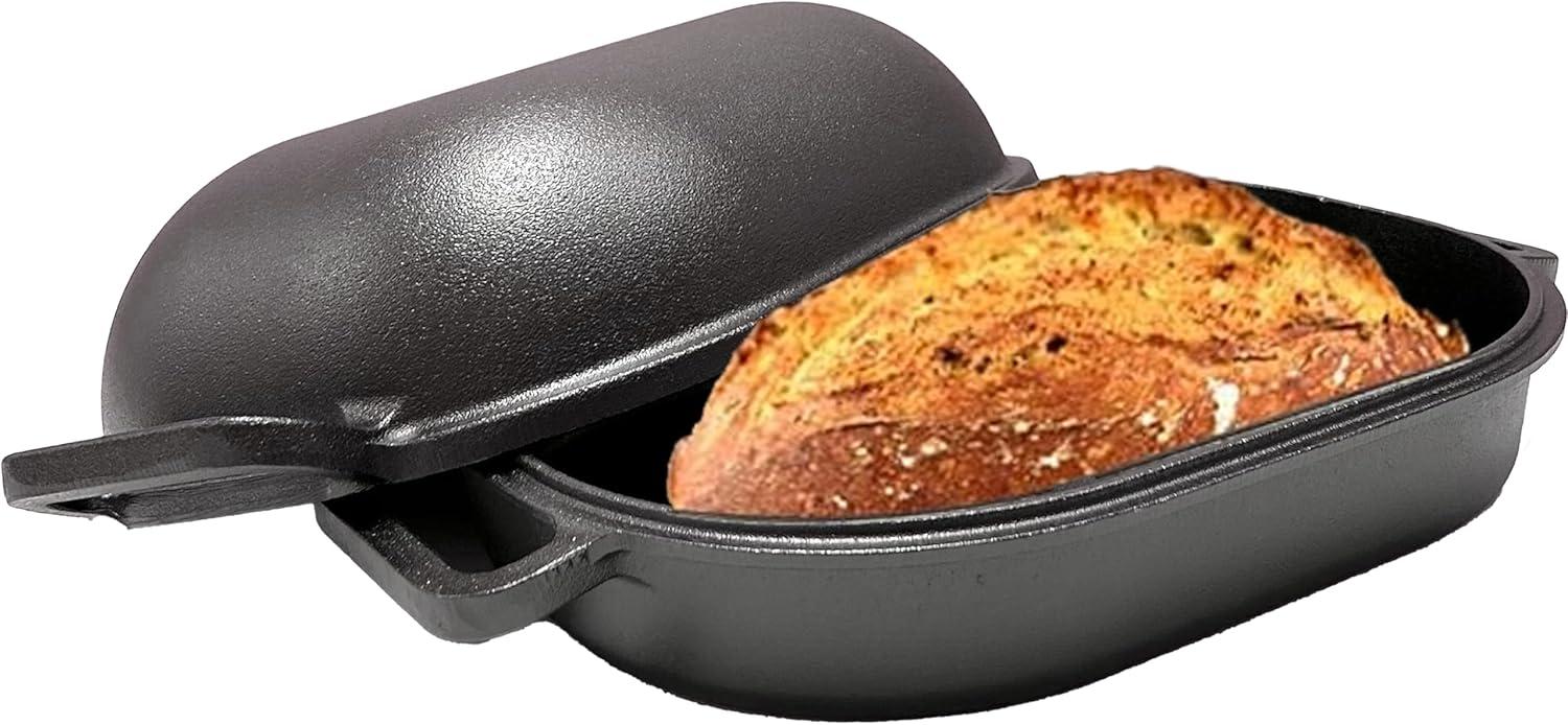 Large Oval Black Cast Iron Loaf Pan with Lid