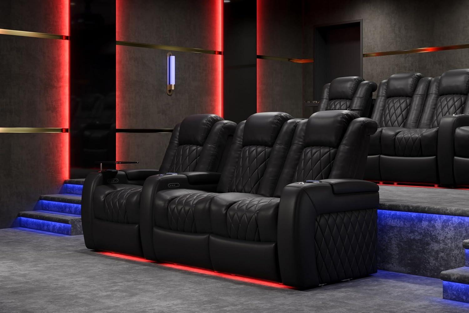 Valencia Tuscany Home Theater Seat - Nappa Leather Power Recliner with Cool Gel Memory Foam, USB-C/USB-A Charging, RGB LED Lights, Adjustable Lumbar & Headrest (Row of 3, Black)