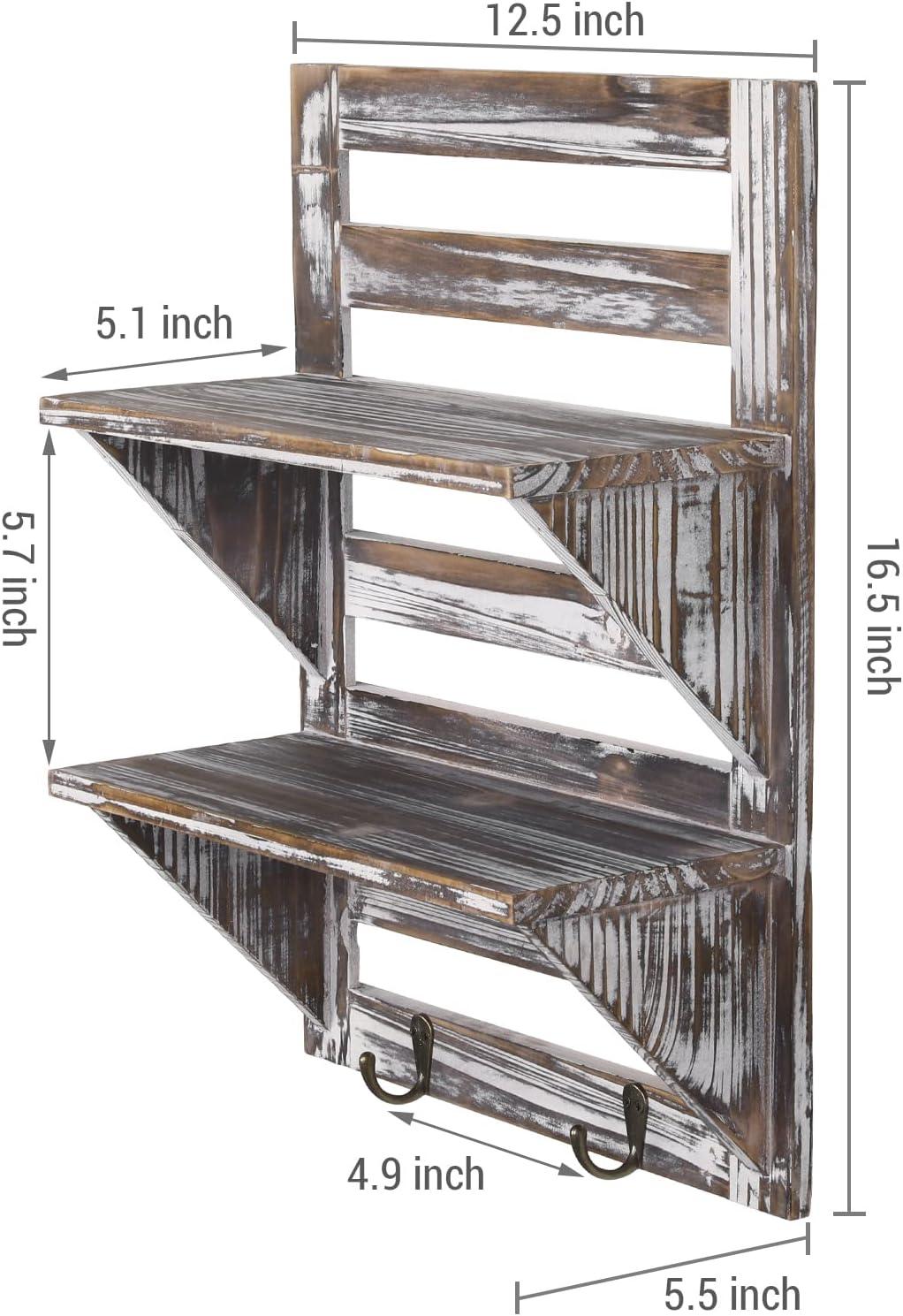 Rustic Torched Wood 2-Tier Wall Shelf with Key Hooks