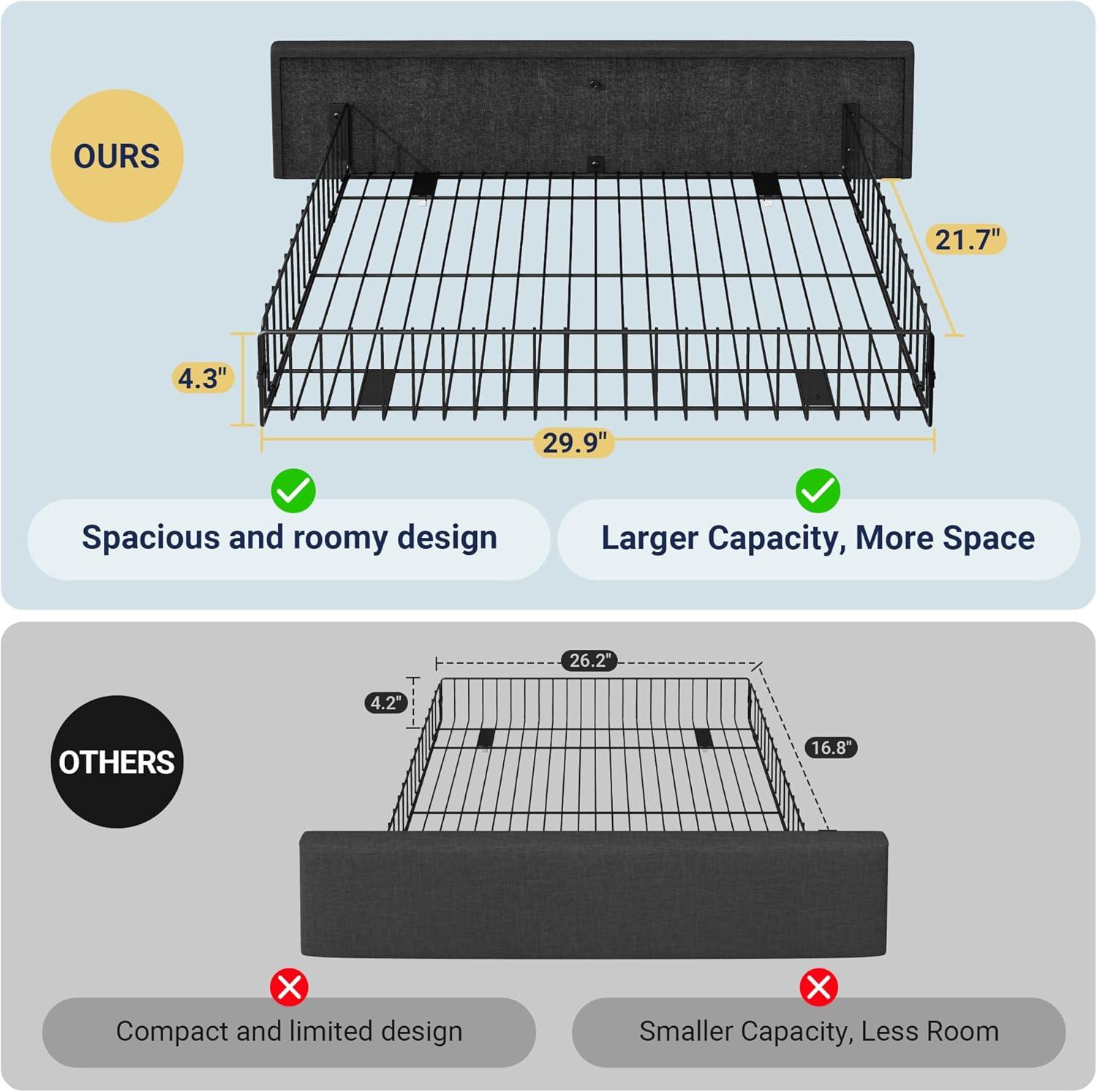 Allewie Upholstered King Size Platform Bed Frame with 4 Storage Drawers and Headboard, Square Stitched Button Tufted, Mattress Foundation with Wooden Slats Support, No Box Spring Needed, Dark Grey