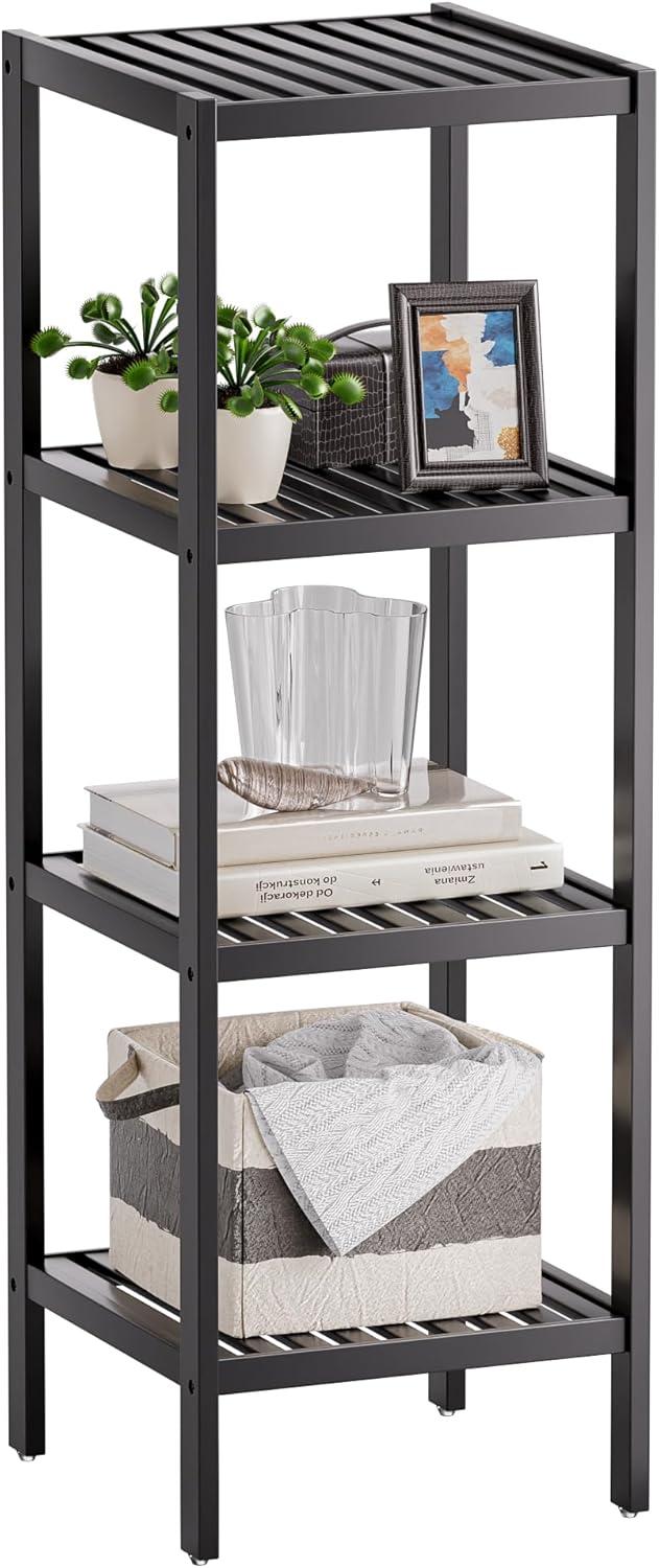 Bathroom Storage Shelf, 4-Tier Bamboo Rack Organizer, Multifunctional Shelving Unit For Living Room Bedroom Kitchen (Black)