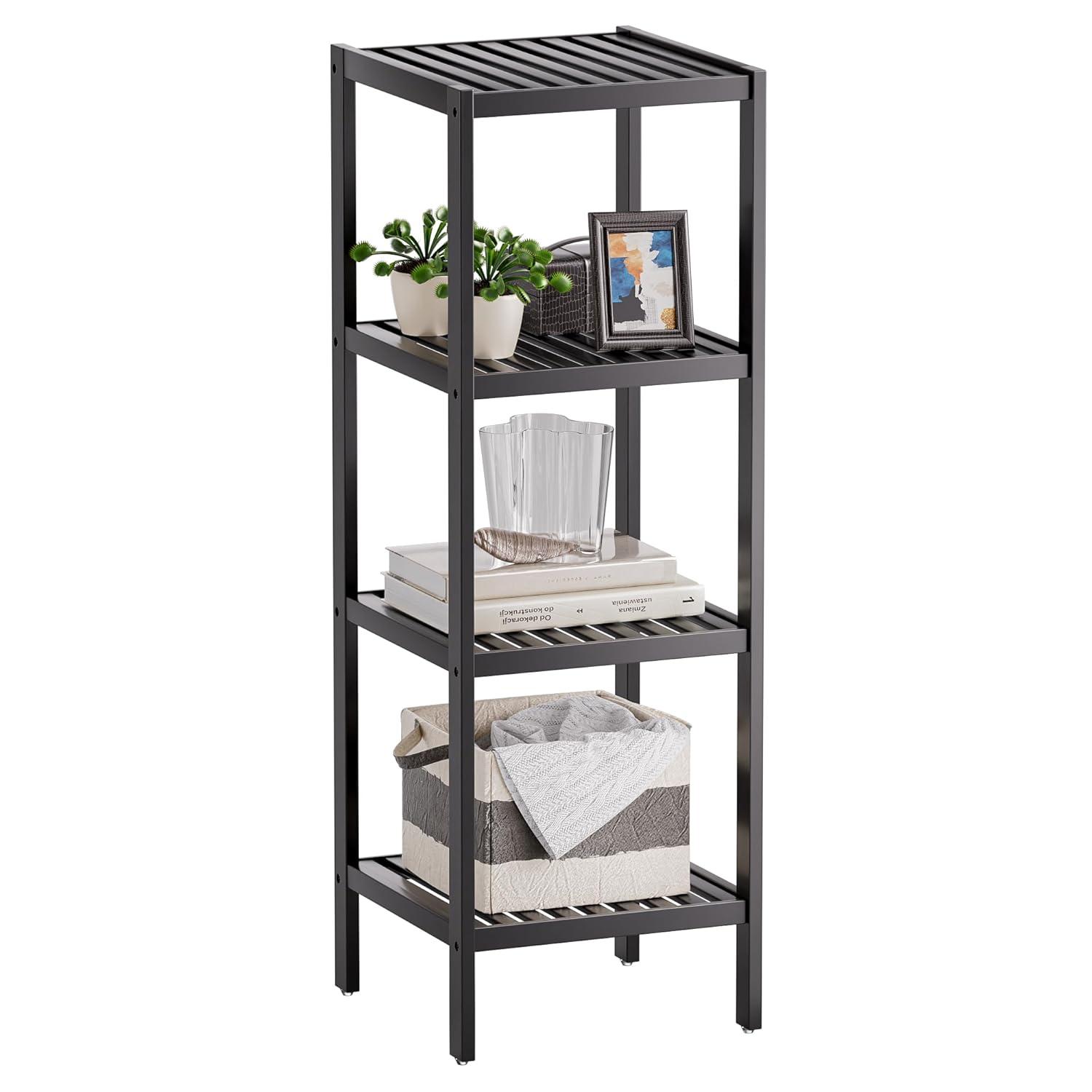Bathroom Storage Shelf, 4-Tier Bamboo Rack Organizer, Multifunctional Shelving Unit For Living Room Bedroom Kitchen (Black)