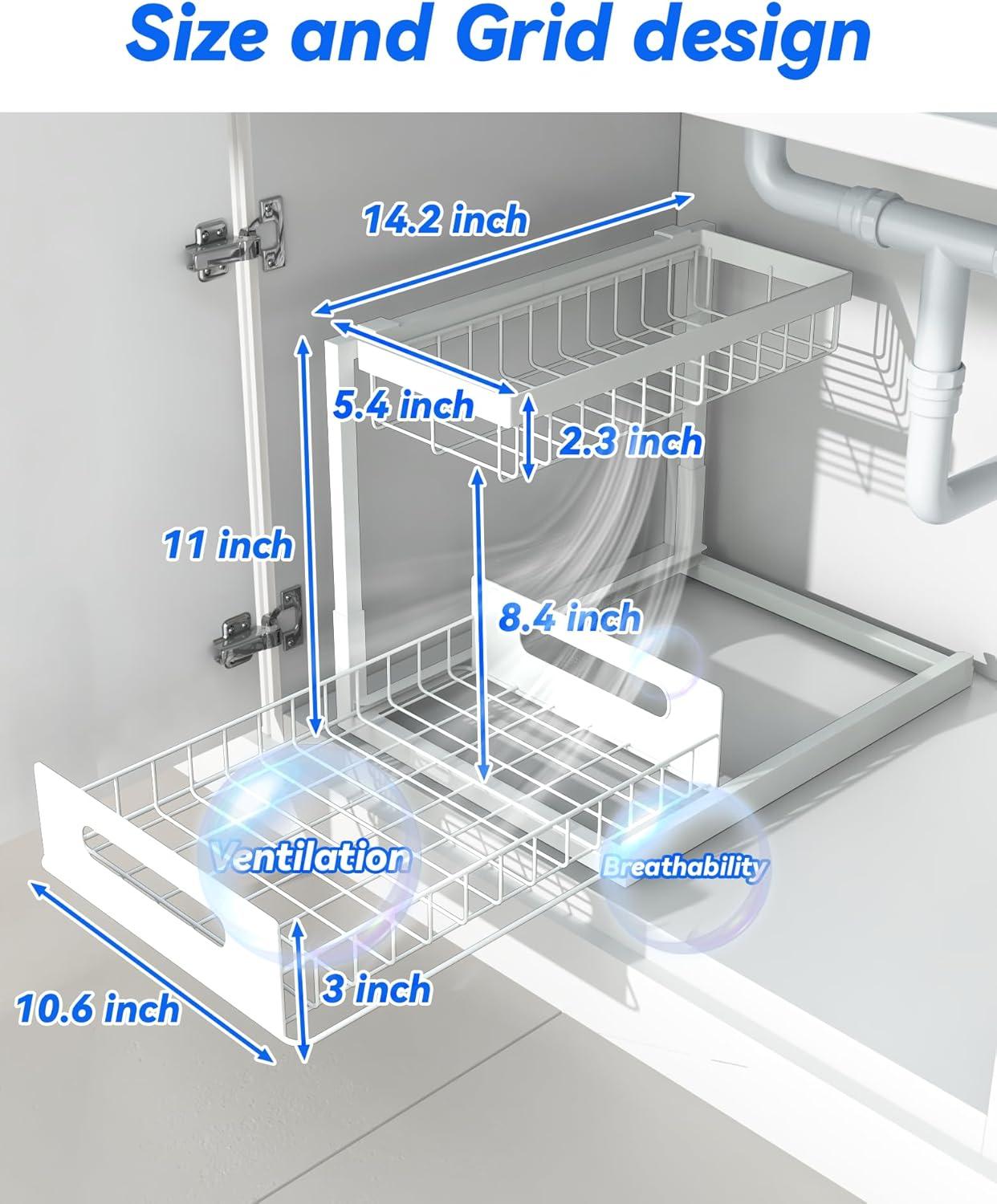 Under Sink Organizers, 2 Pack Metal Pull Out Under Sink Organizers and Storage Shelves with Sliding Drawer, Under Sink Storage for Kitchen, Bathroom, White, 2 Pack…